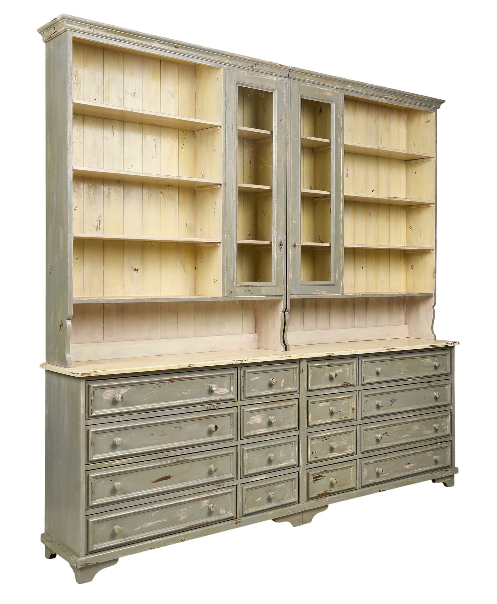Monumental Apothecary Cabinet: Monumental gray apothecary cabinet with open shelves, counter top with sixteen drawers height 107 in. x width 108 in. x depth 21 in. 