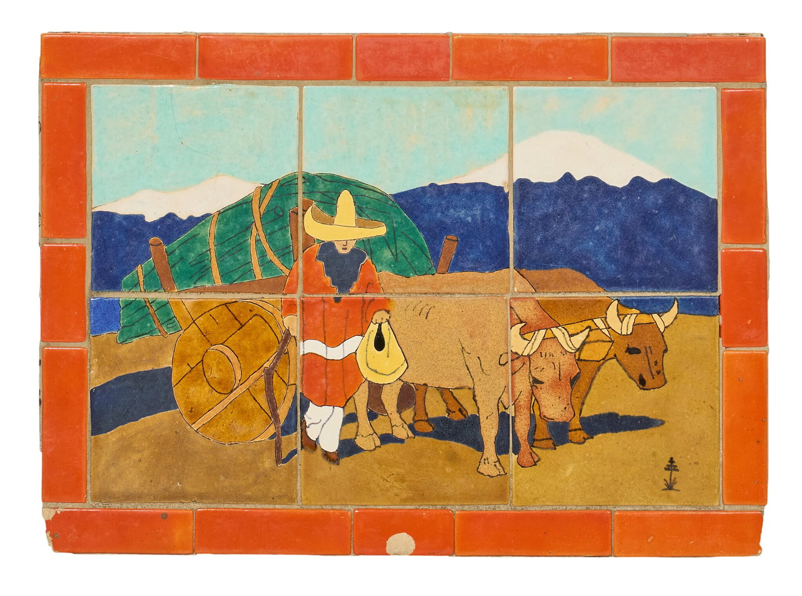 San Jose Pottery, Oxcart Tile Panel: Pictorial tile panel display by San Jose Pottery, (directed by Ethel Wilson Harris, San Antonio, Texas), scene with man in sombrero leading oxcart in landscape, with signature maguey mark in
