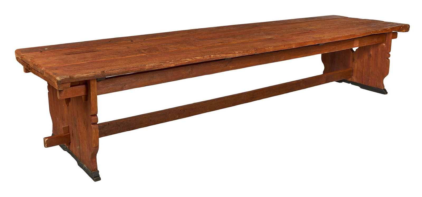 13ft Rustic Table: Monumental thirteen foot long rustic wooden dining table, rectangular plank top, stretchered base height 32 in. x length 156 in. x depth 41 in. 