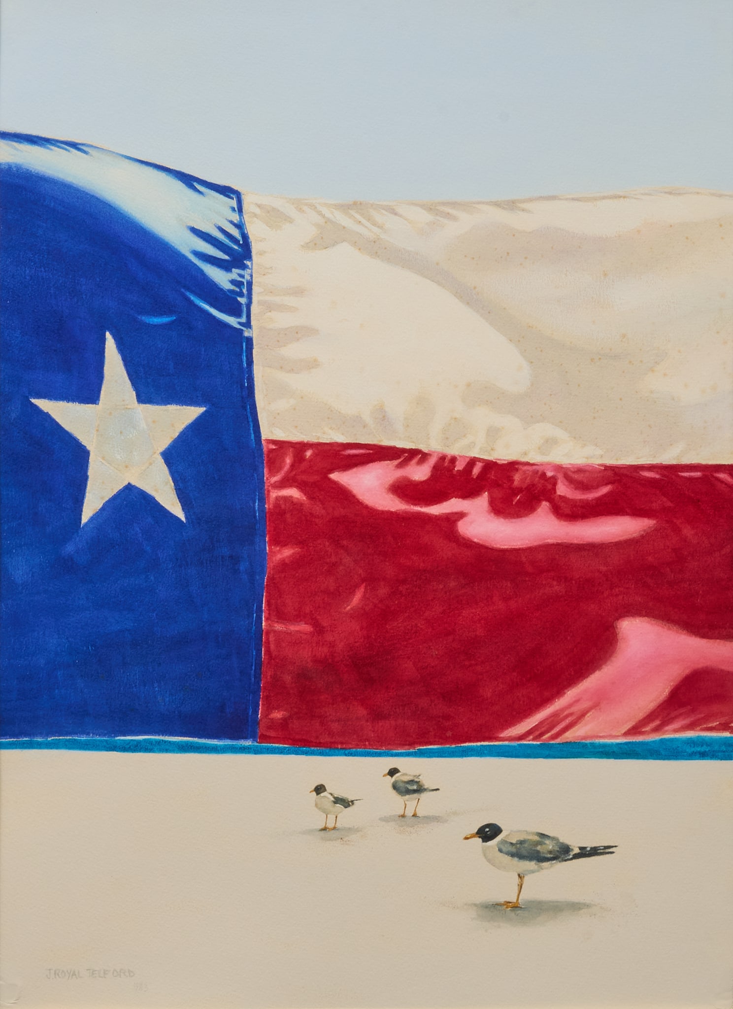 J. Royal Telford, Seagulls and Texas Flag: J. (Jim) Royal Telford (Texas, 1932-2003), seagulls with Texas flag, watercolor on watercolor paper, signed and dated lower left, 1983 sight: 30 x 21 in., frame: 41 x 33 in. Provenance: