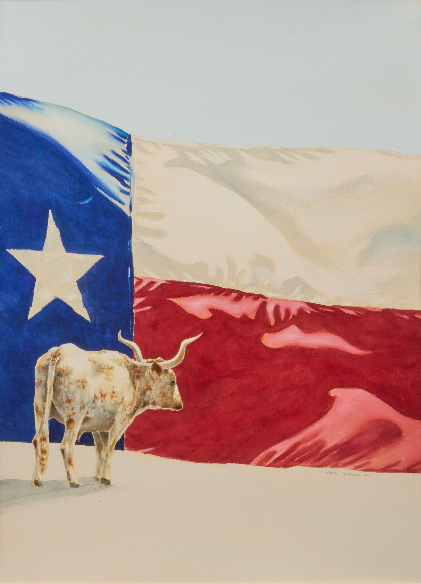 J. Royal Telford, Texas Longhorn: J. (Jim) Royal Telford (Texas, 1932-2003), longhorn with Texas flag, watercolor on watercolor paper, signed and dated lower right, 1983 sight: 30 x 21 in., frame: 41 x 33 in. Provenance:
