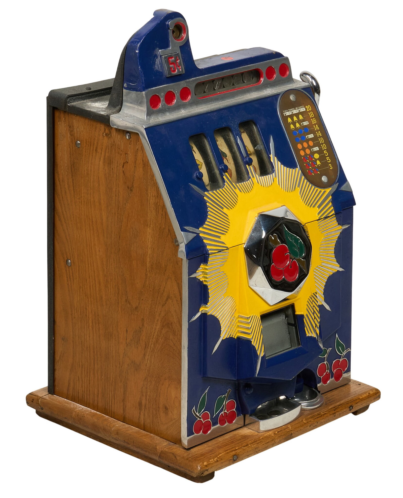 Vintage Mills Bursting Cherry Slot Machine: Mills Novelty Co. (Chicago, Illinois) "Bursting Cherry" 5c slot machine, oak cabinet with cast aluminum front in blue, yellow and silver paint, three-reel mechanical action, large