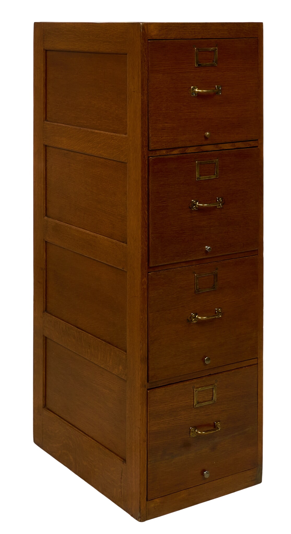 Vintage Oak Filing Cabinet: Vintage American oak library filing cabinet, four drawers, brass hardware height 42 in. x width 20.5 in. x depth 21 in. Provenance: Property from the collection of a long-time San Antonio,