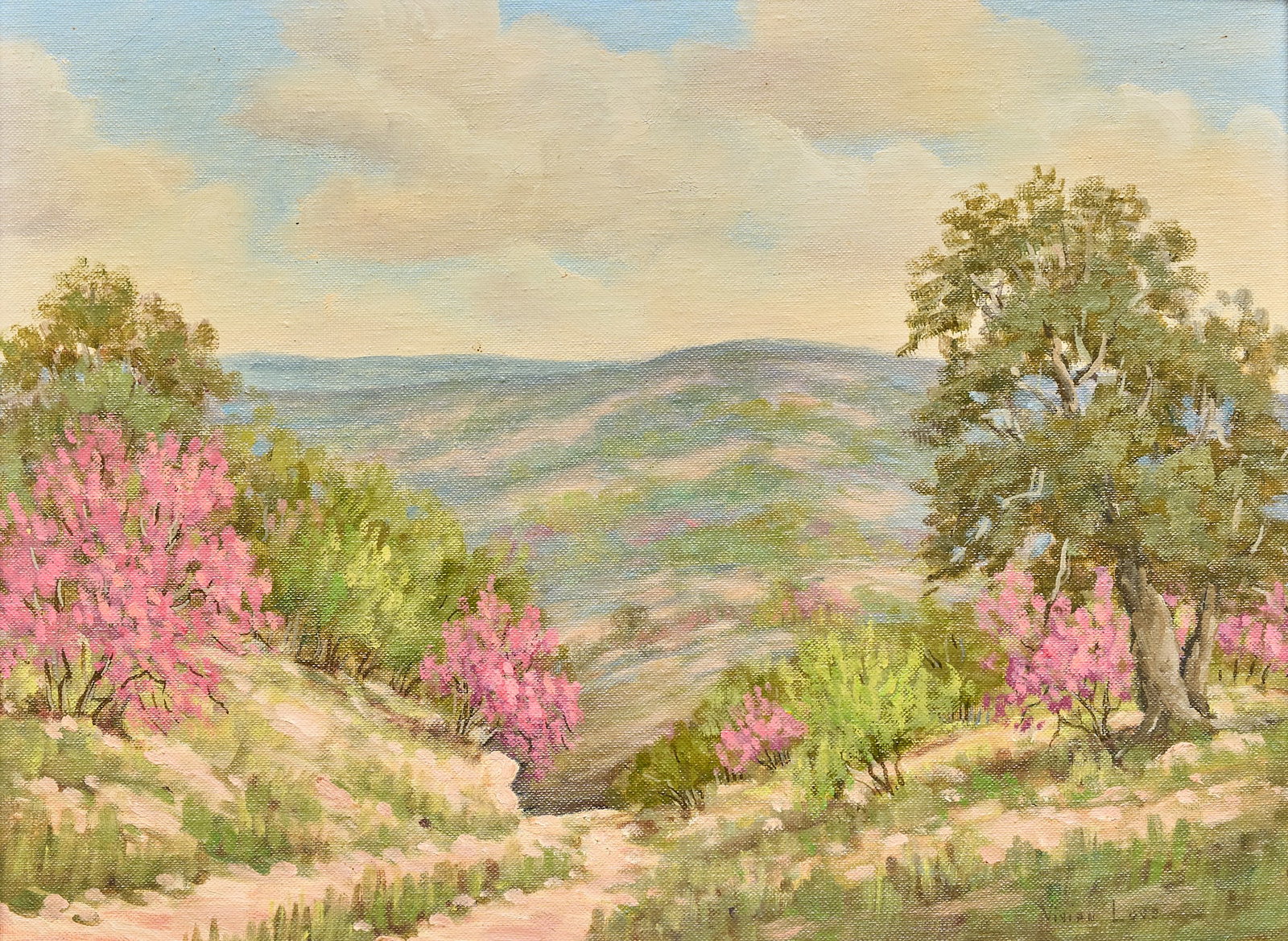 Vivian Love, Redbud Landscape: Vivian Rogers Love (Texas, 1908-1982), view of redbud trees in a Hill Country landscape, oil on canvas board, signed lower right sight: 12 x 16 in., frame: 17.5 x 21.5 in. Provenance: Property