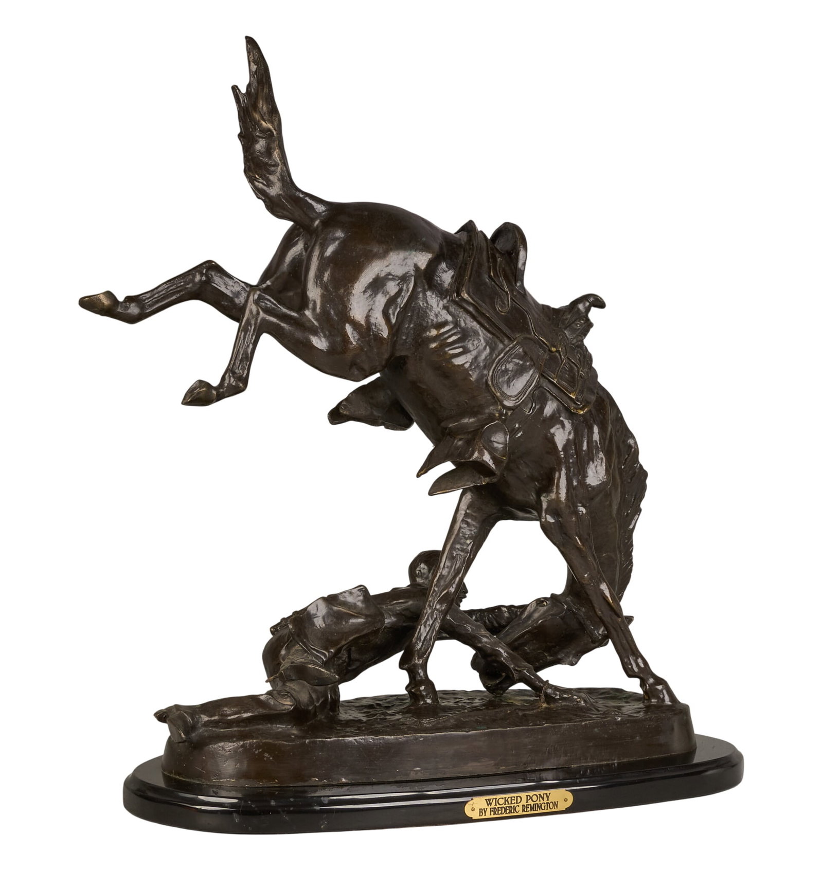 After Frederic Remington, "Wicked Pony": After Frederic Remington (Amer., 1861-1909), "Wicked Pony", bronze recast sculpture on black stone base height 23 in. x width 20 in. x depth 10 in. (including base) Provenance: