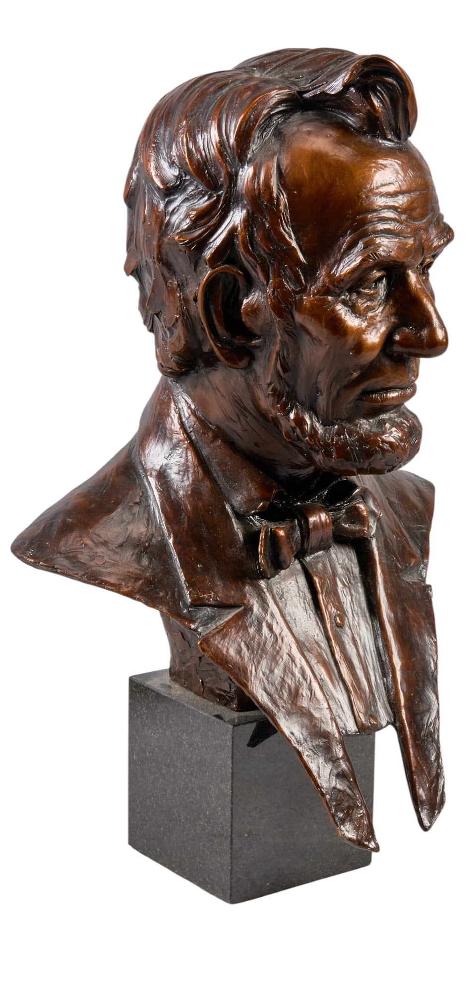 Ed Natiya, Abraham Lincoln: Ed Natiya (New Mexico, b. 1972), bust of Abraham Lincoln, artist-cast bronze sculpture atop stone plinth base, with incised signature and edition number 5/35 height 17.5 in. x width 10.5 in.