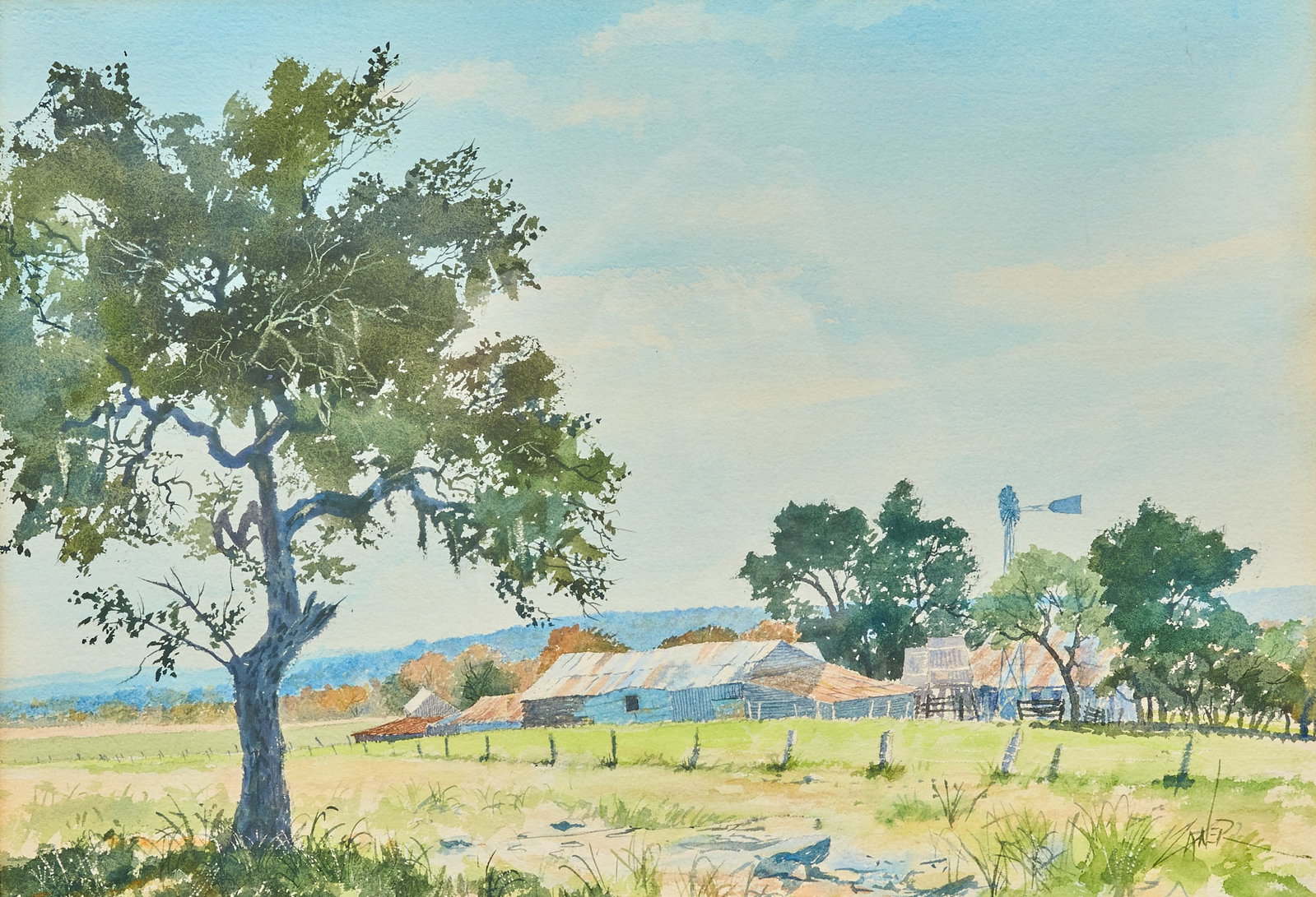 Bill Zaner, Hill Country Farm: Bill Zaner (Texas, 1930-2015), view of a Texas farm, watercolor on watercolor paper, signed lower right sight: 21 x 29 in., frame: 29 x 37 in. Provenance: Property from a home in San