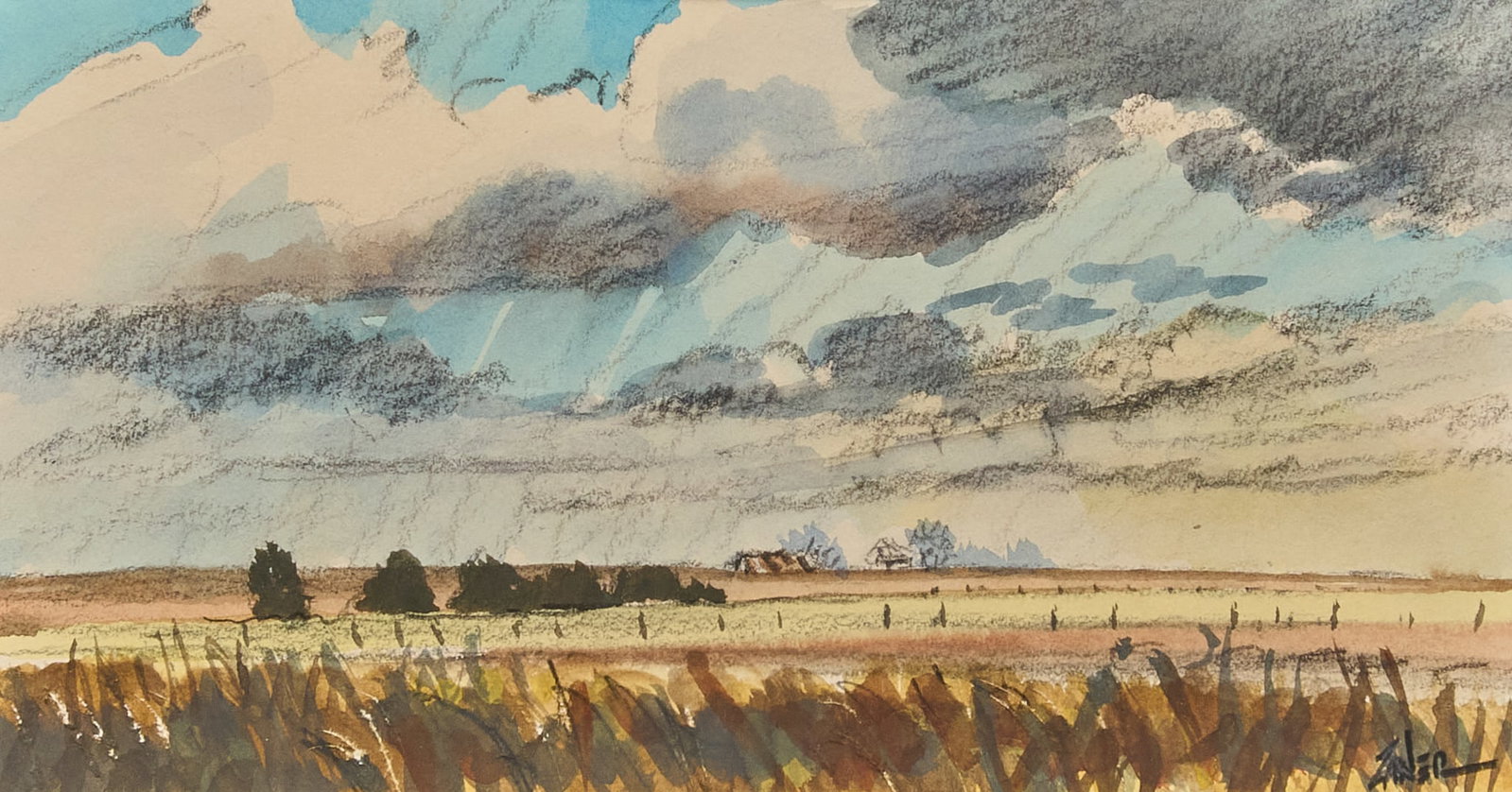Bill Zaner, Texas Landscape: Bill Zaner (Texas, 1930-2015), wide Texas landscape view with fenceline and distant structures, watercolor and charcoal on watercolor paper, signed lower right sight: 12 x 9 in., frame: 18 x 21 in. Pr