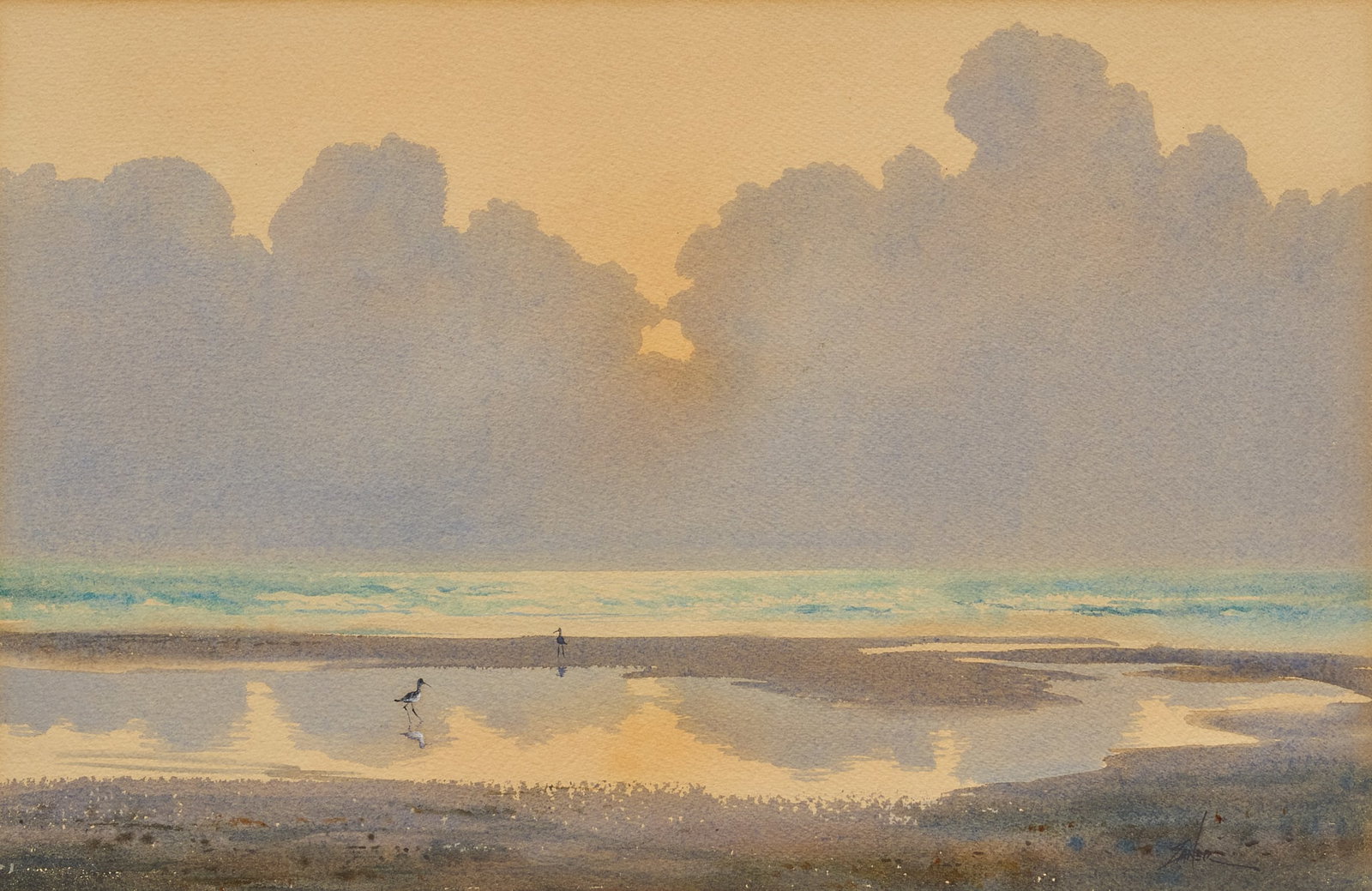 Bill Zaner, Coastal Landscape: Bill Zaner (Texas, 1930-2015), Texas Gulf Coast scene with sea birds on the beach, watercolor on watercolor paper, signed lower right sight: 14 x 21 in., frame: 21 x 28.5 in. Provenance: