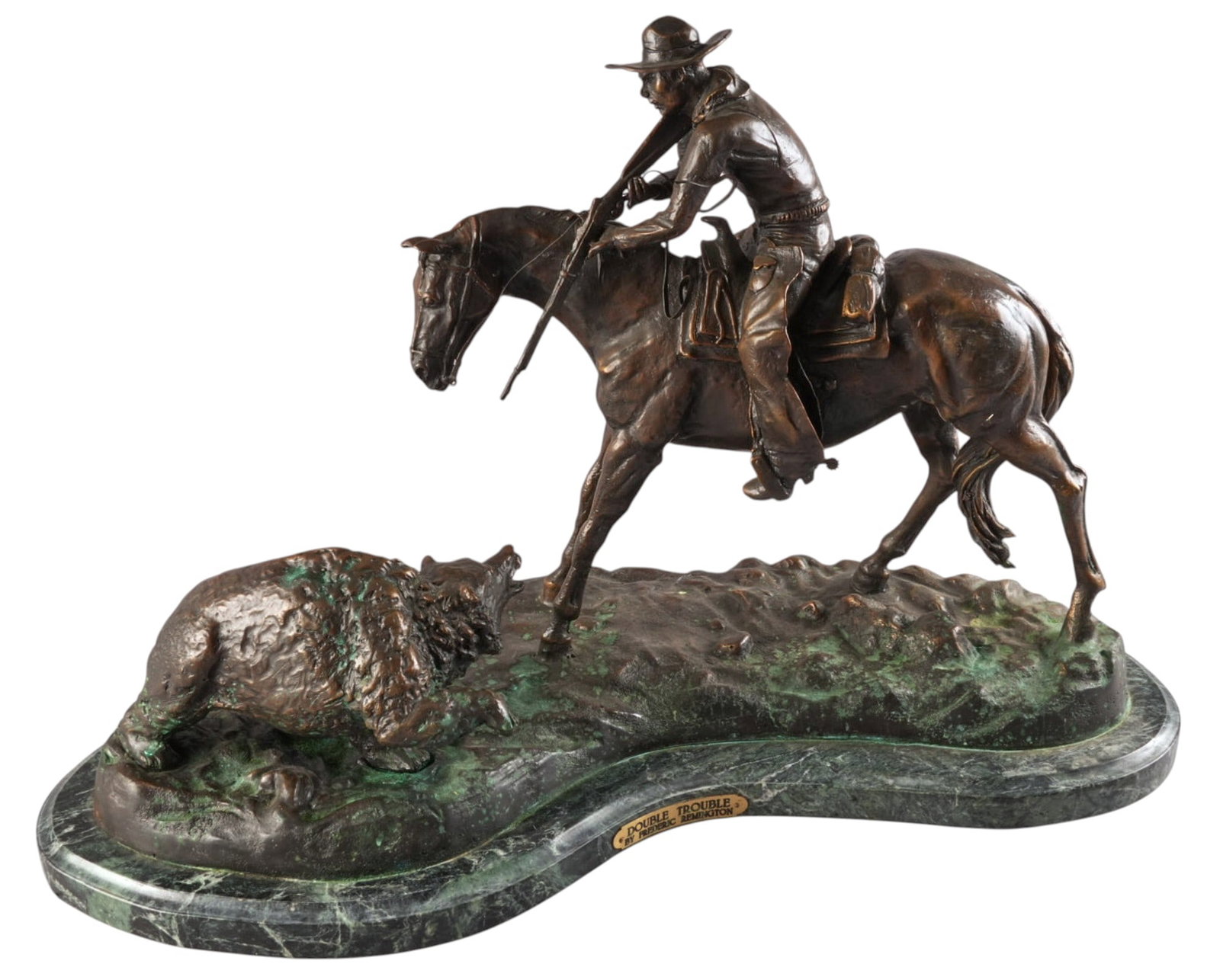 After Frederic Remington, "Double Trouble": After Frederic Remington (Amer., 1861-1909), "Double Trouble", bronze recast sculpture on green marble base height 18 in. x width 28 in. x depth 10.5 in. (including base) Provenance: