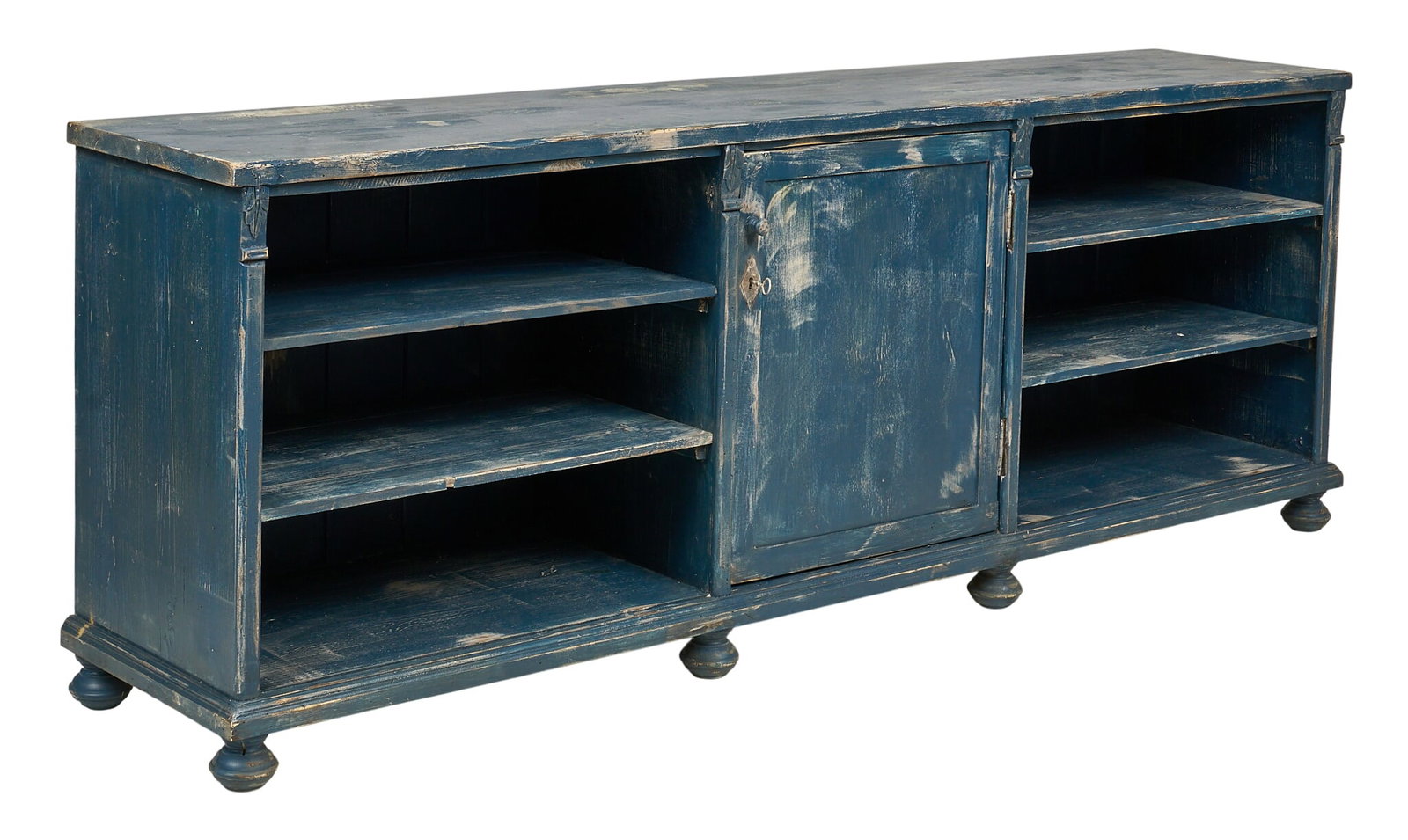 General Store Counter: Painted general store counter, open shelves with central cupboard height 32 in. x width 88 in. x depth 18 in.