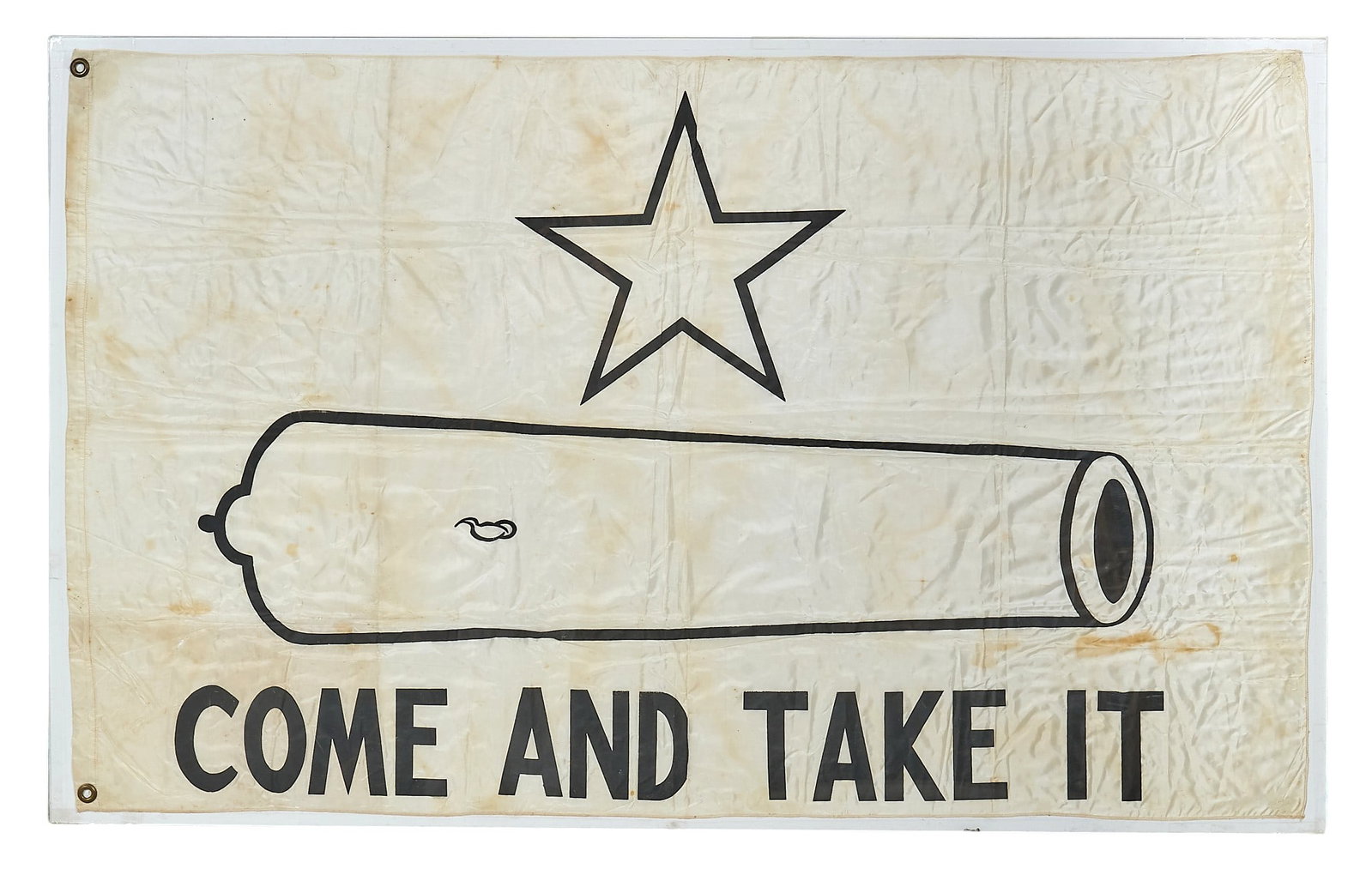 Framed Texas Independence "Come and Take It" Flag: Framed reproduction of the "Come and Take It" flag from the Battle of Gonzales, with canon and star height 37 in. x width 58 in.
