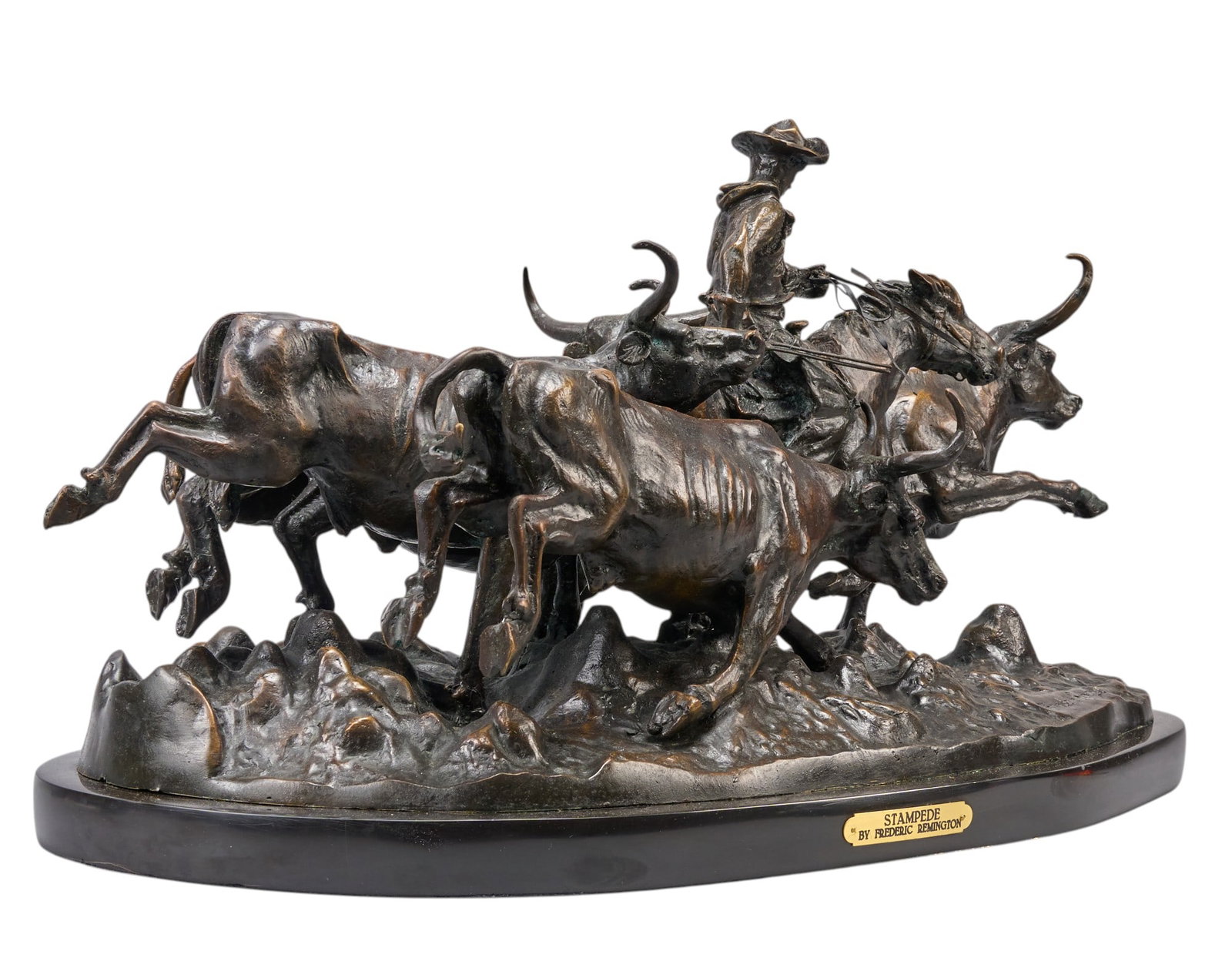 After Frederic Remington, "Stampede": After Frederic Remington (Amer., 1861-1909), "Stampede", bronze recast sculpture on stone base height 15 in. x width 30 in. x depth 16 in. (including base) Provenance: Property from a home i