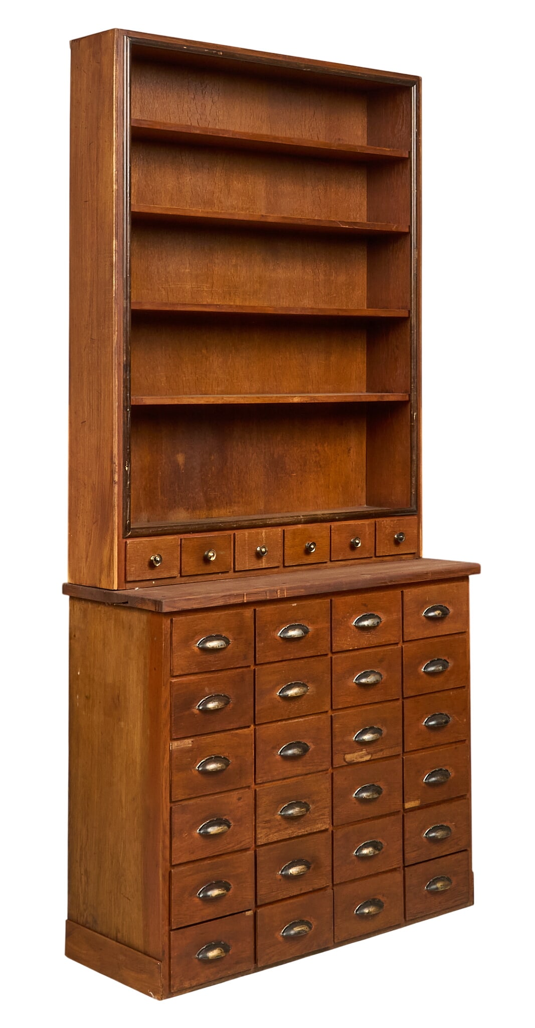General Store Apothecary Cabinet: Two-piece general store apothecary cabinet with open shelves and numerous drawers height 80 in. x width 38 in. x depth 15 in. 