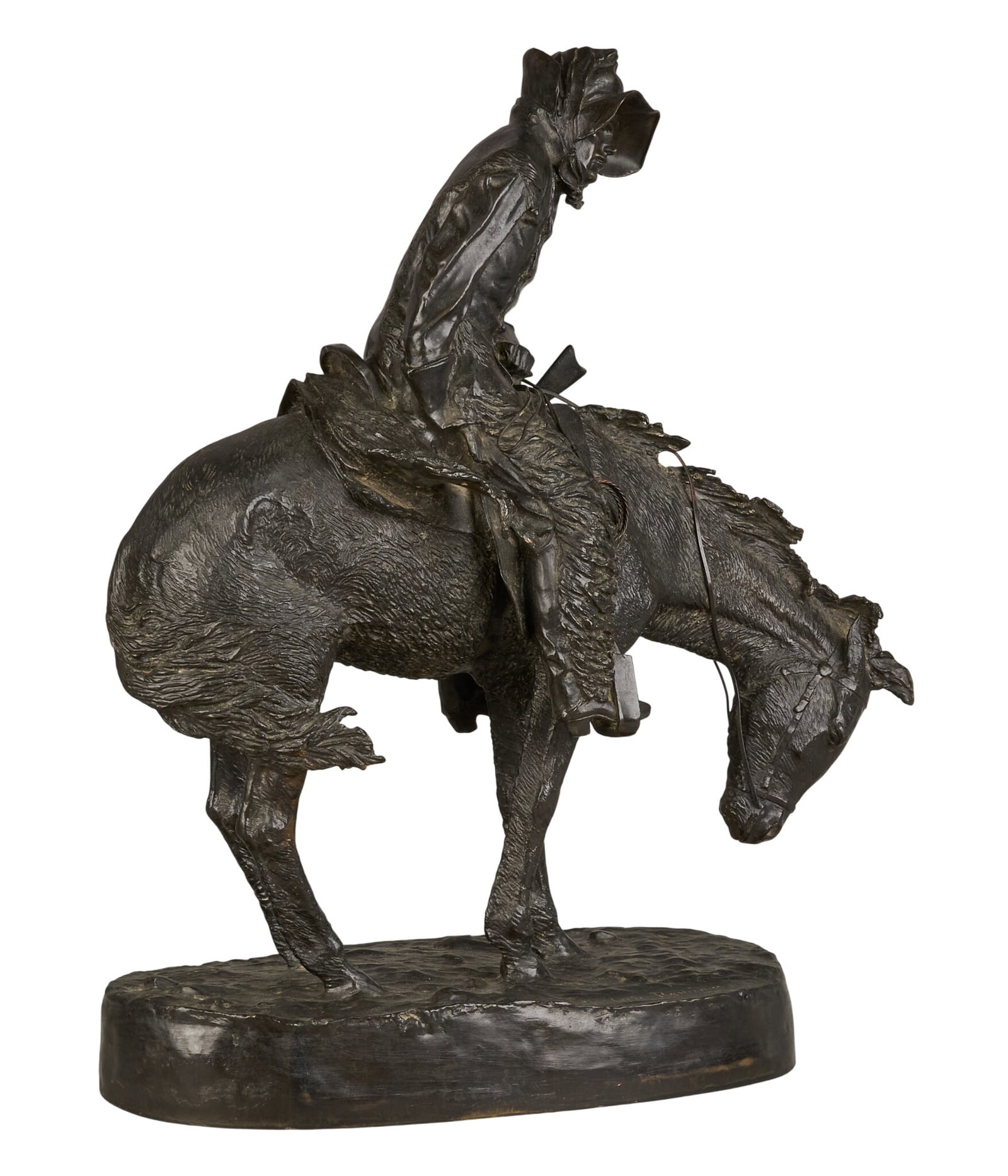 After Frederic Remington, "The Norther": After Frederic Remington (Amer., 1861-1909), "The Norther", bronze recast sculpture on stone base height 21 in. x width 18 in. x depth 9 in. Provenance: Property from a home in