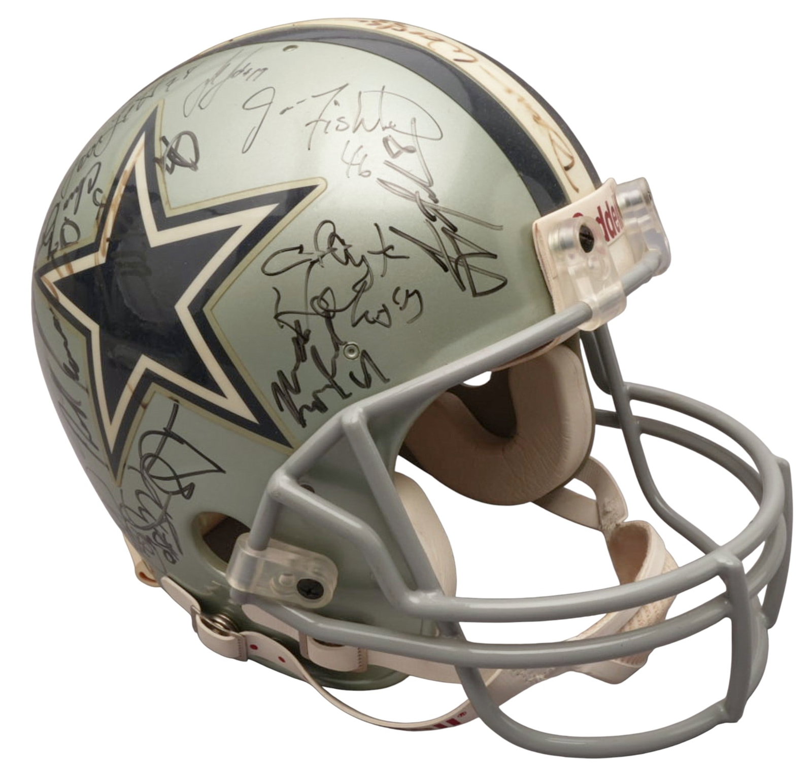 1994 Signed Dallas Cowboys Helmet with COA: 1994 signed Dallas Cowboys helmet with COA, signed by seventeen players including former quarterback Troy Aikman and running back Emmitt Smith height 10 in. x width 8 in. x depth 12