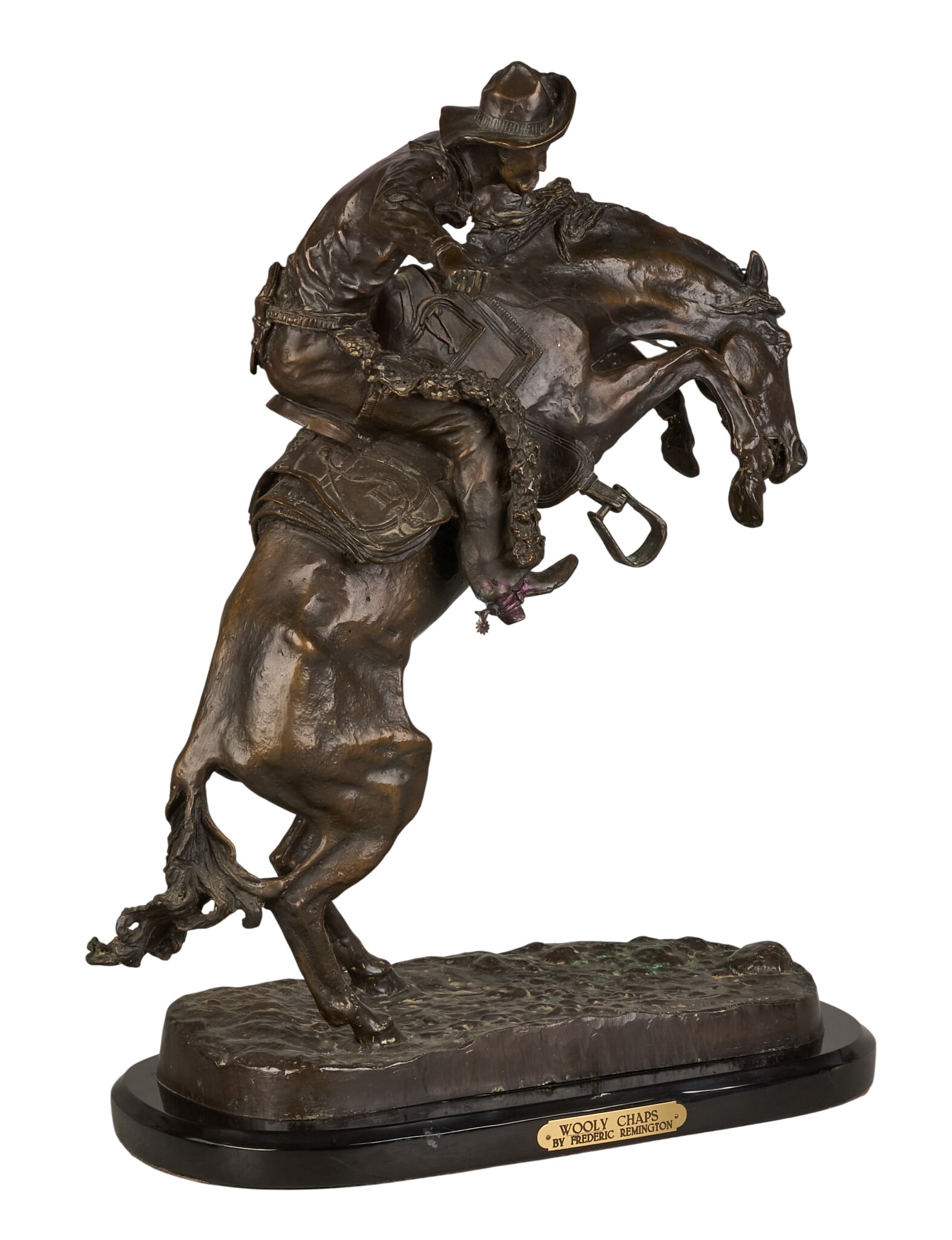 After Frederic Remington, "Wooly Chaps": After Frederic Remington (Amer., 1861-1909), "Wooly Chaps", bronze recast sculpture on black stone base height 22 in. x width 18 in. x depth 13 in. Provenance: Property from a