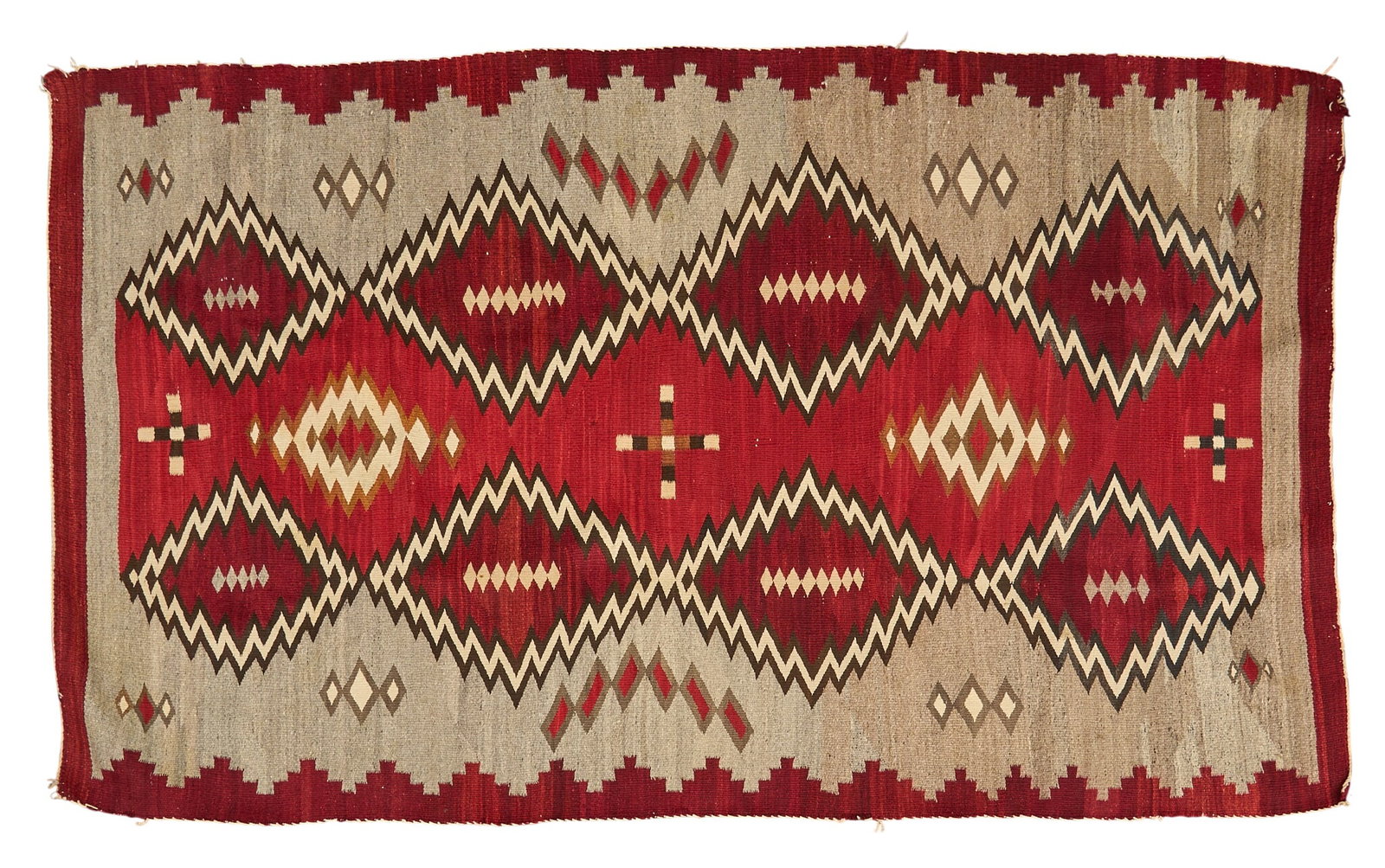 Large Handwoven Navajo Textile: Large handwoven Navajo textile with geometric design 7 ft. 5 in. x 4 ft. 4 in. Provenance: Property from a home in San Antonio, Texas 
