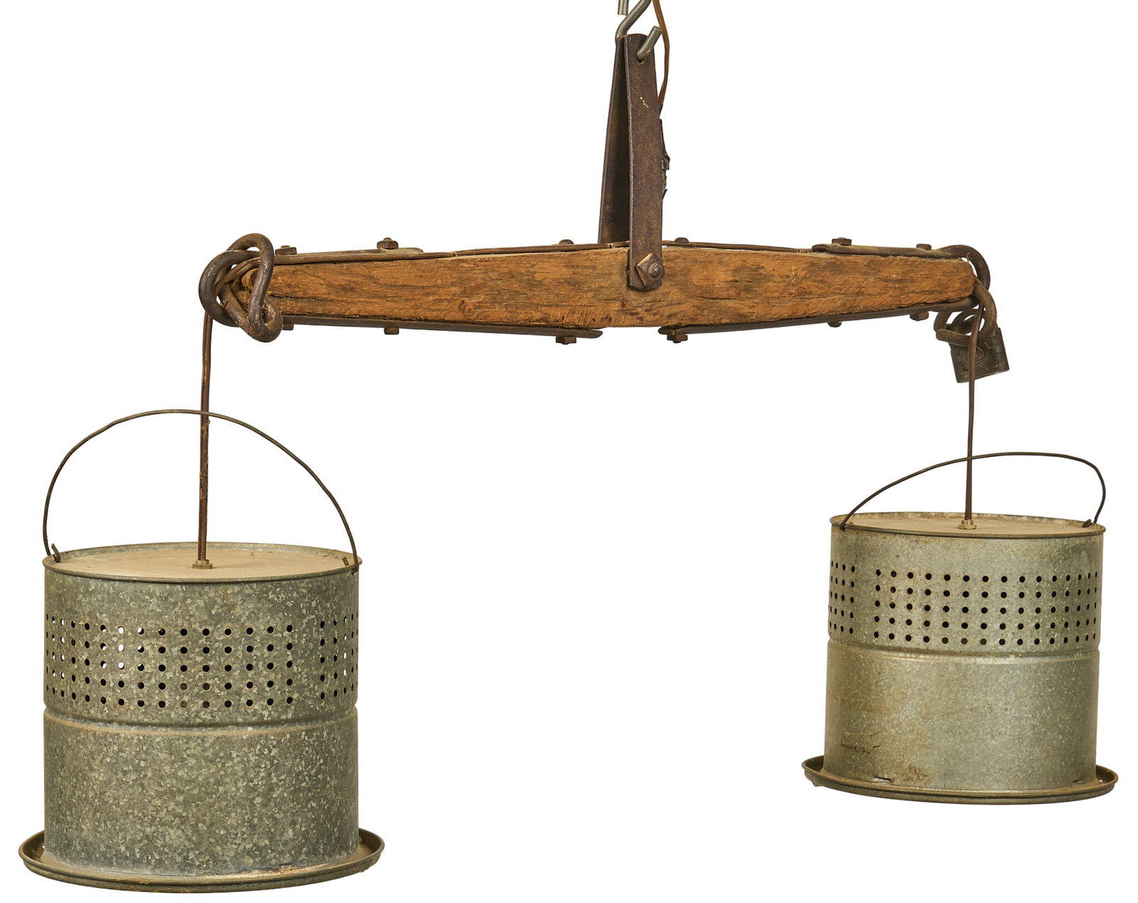 Rustic Light Fixture: Rustic lighting fixture, handmade by Paul Anthony Toudouze (Texas, 1950-2026) with minnow buckets, padlock, and yoke height 22 in. x width 38 in. x depth 10 in. Provenance: Property fr