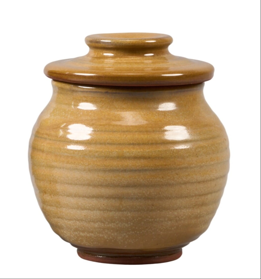 Harding Black, Brown Jar, 1982: Harding Black (San Antonio, Texas, 1912-2004), light brown jar with lid, glazed ceramic, incised signature and date on the underside, 1982 height 5.5 in. x 5.5 in. diameter Provenance: Prope