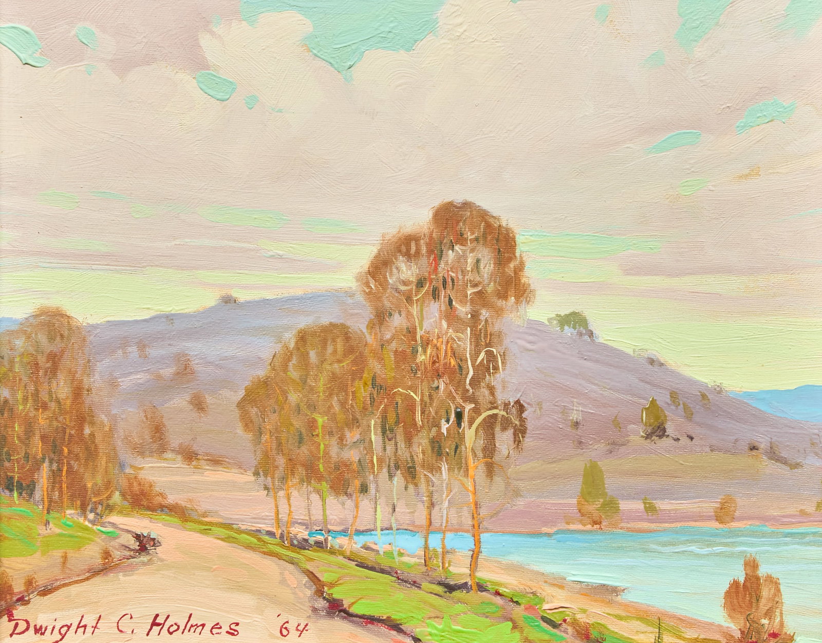 Dwight Clay Holmes, "Emerald Bay Area": Dwight Clay Holmes (Texas / California, 1900-1986), "Emerald Bay Area / Lower Calif.", oil on canvas panel, signed and dated lower left, 1964, titled in pencil on the verso sight: 8 x 10
