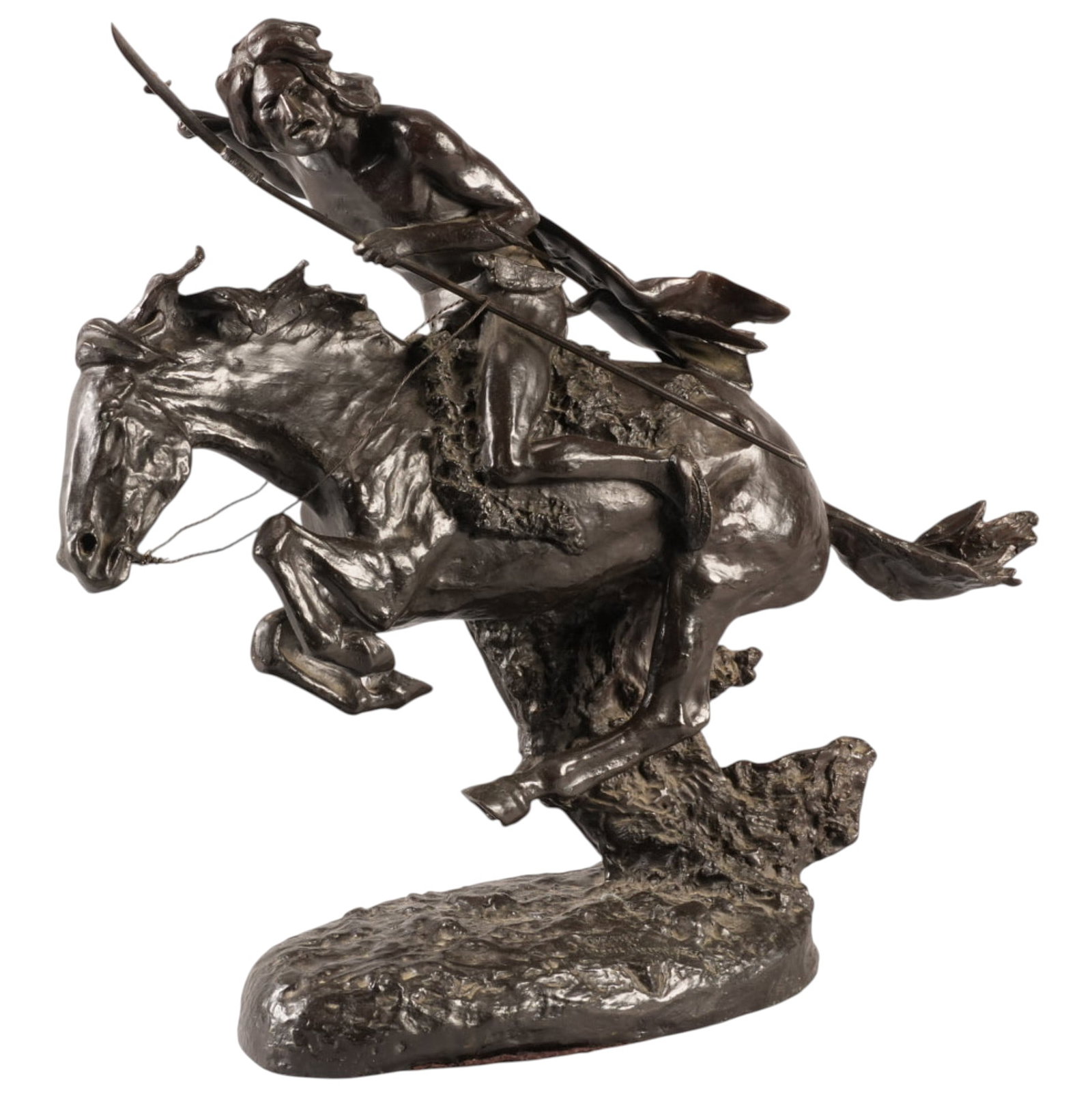 After Frederic Remington, "Cheyenne": After Frederic Remington (Amer., 1861-1909), "Cheyenne", bronze recast sculpture, freestanding height 19.5 in. x width 22.5 in. x depth 7.5 in. (including base) Provenance: Property