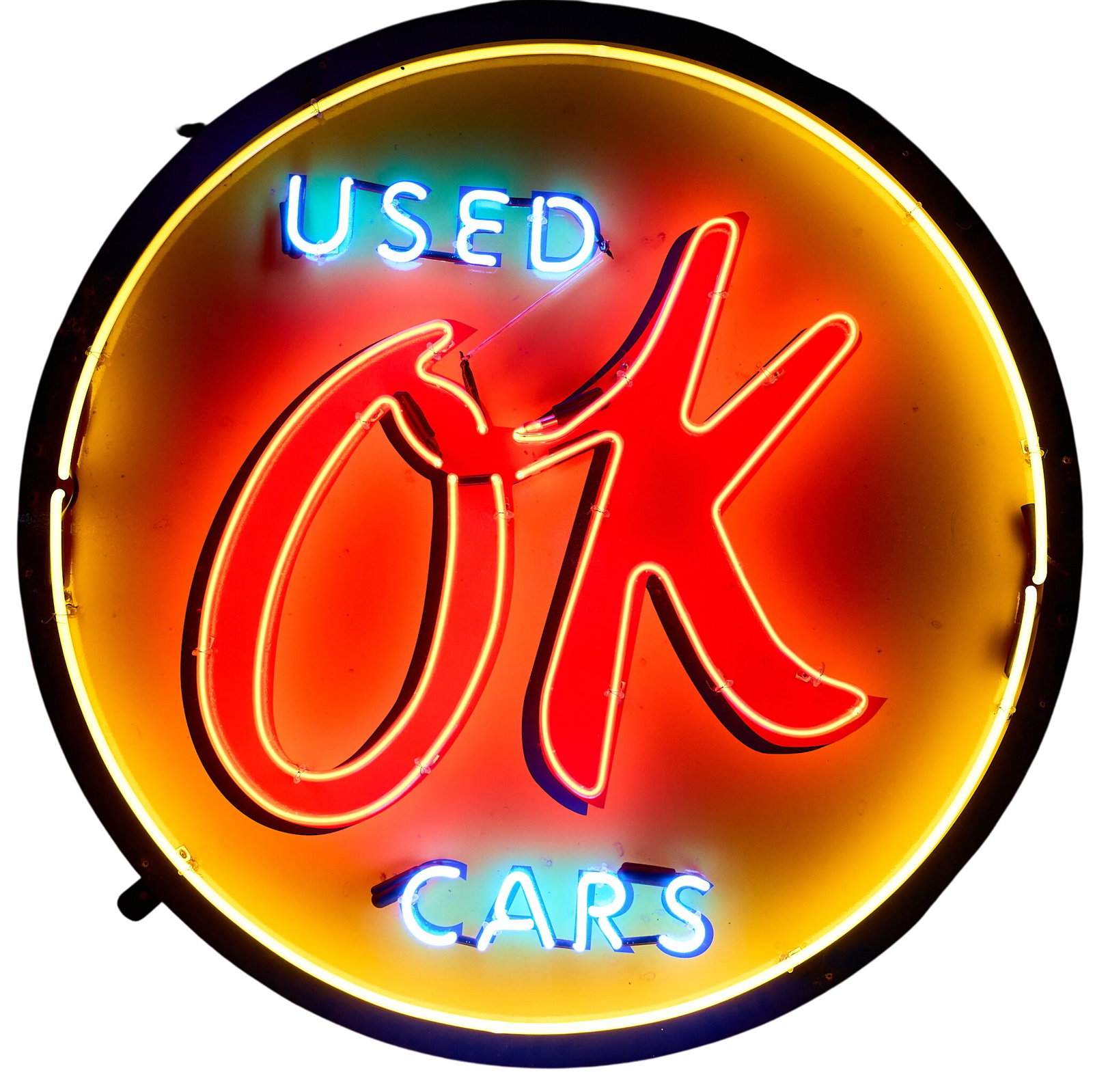 Vintage Used OK Cars Neon Reproduction: Vintage Okay Cars neon sign reproduction, circa late-1970s-to-early-1980s diameter 48 in. x depth 8 in. Provenance: Property from a home in Canyon Lake, Texas 