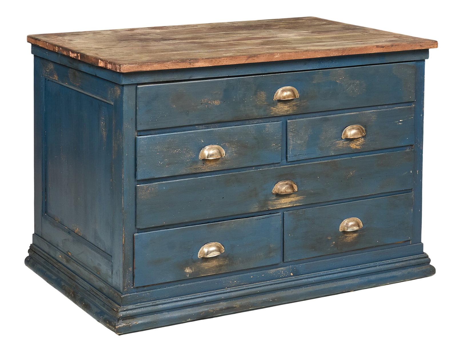 Bank of Drawers: Painted two-tone bank of specimen drawers, rectangular top with six drawers, metal hardware. distressed finish height 32.5 in. x width 46.5 in. x depth 31.5 in.