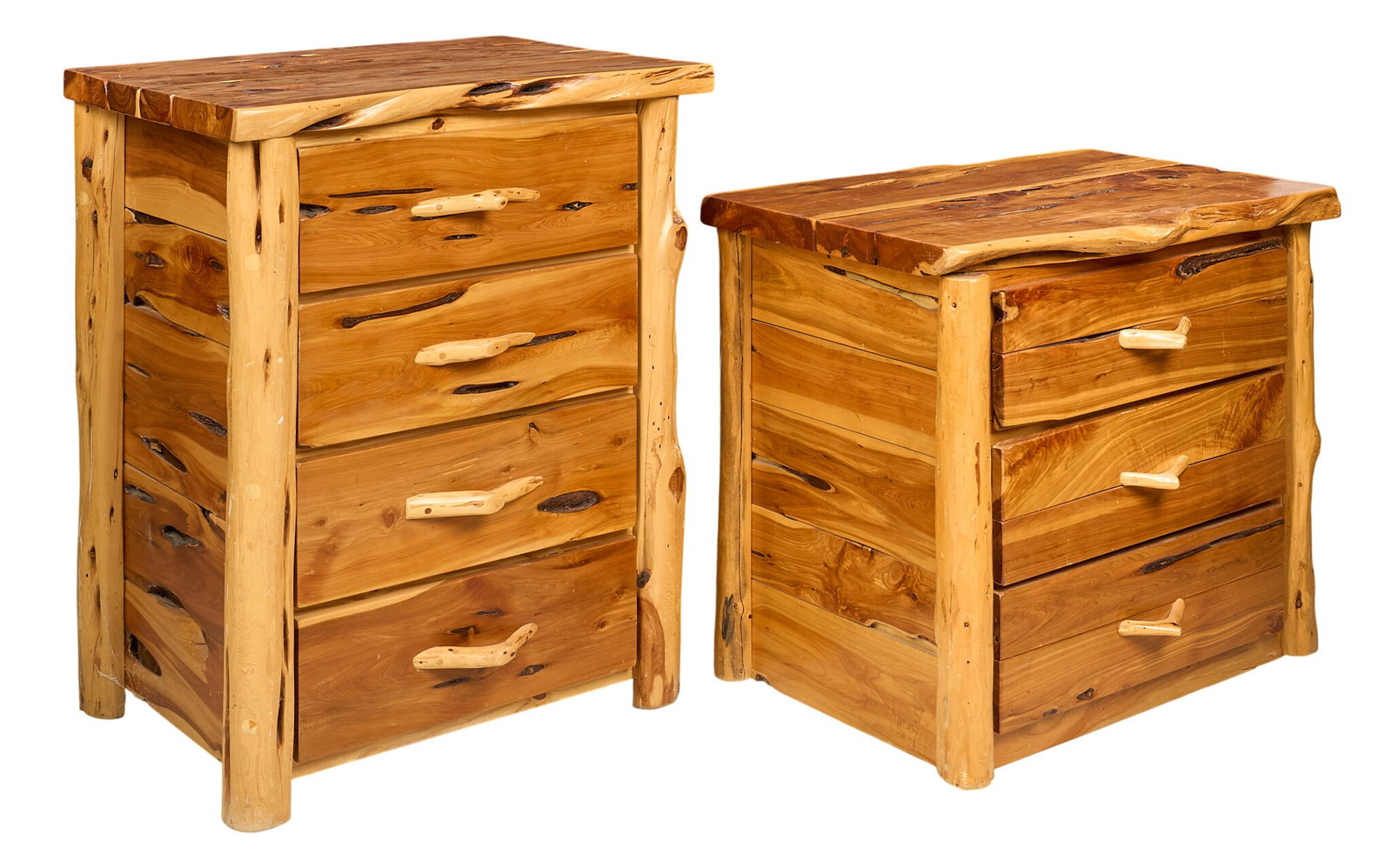 Pair of Cedar Nightstands: Two graduated ranch style live edge cedar bedside cabinets with drawers height 39 in. x width 23 in. x depth 32 in. 