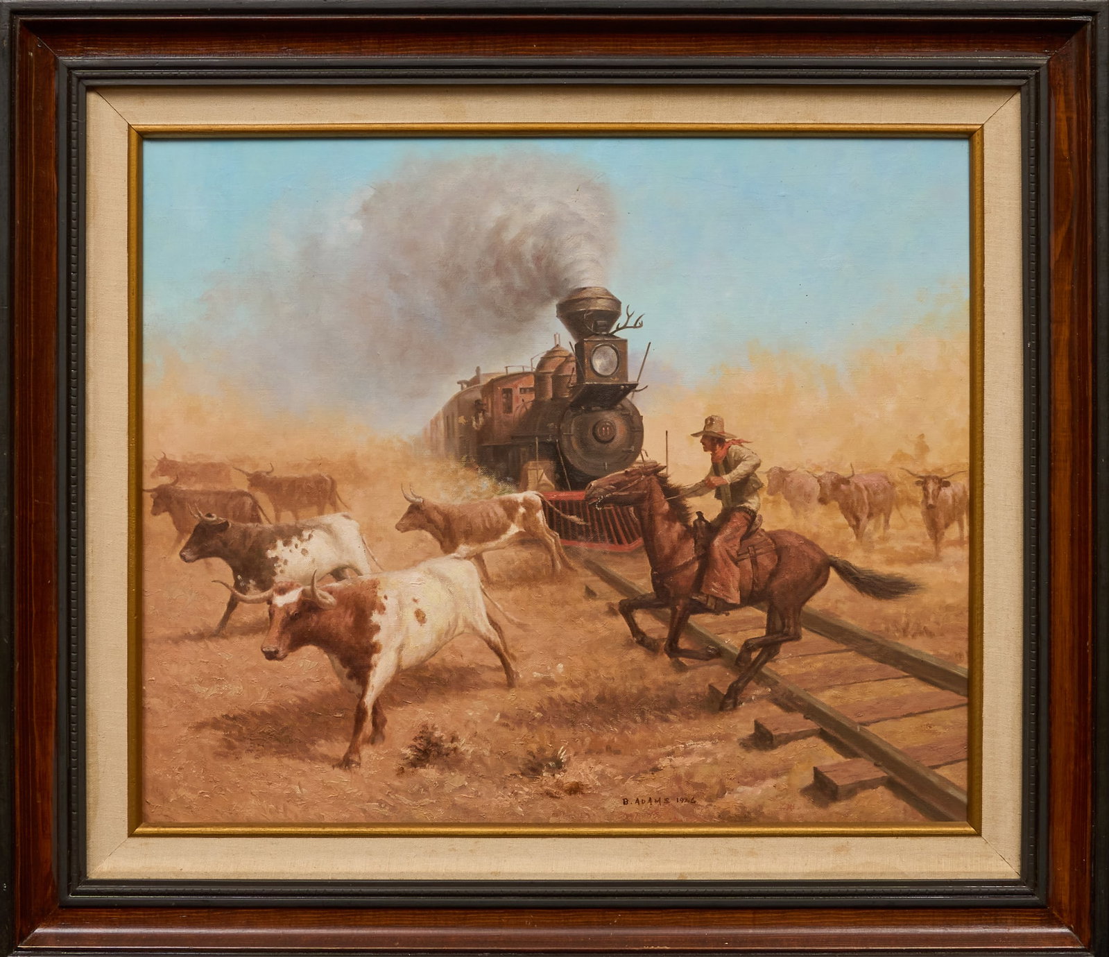B. Adams, "A Matter of Right of Way":  B. Adams (Texas, 20th-21st C.), a hand-painted homage to Robert Pummill's 1981 painting "A Matter of Right of Way", oil on canvas, signed and dated lower right, 1986, title written