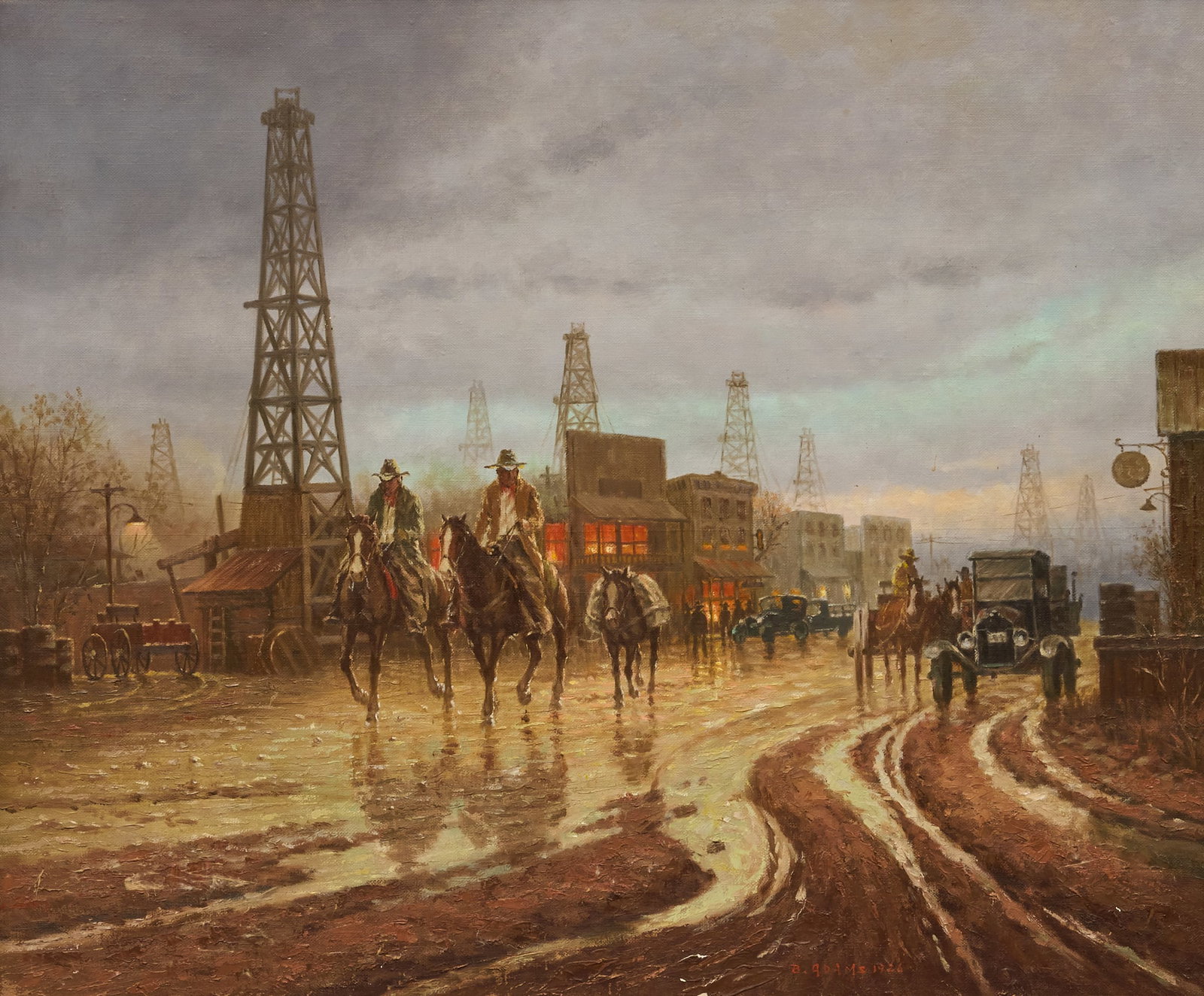 B. Adams, Boomtown Drifters: B. Adams (Texas, 20th-21st C.), a hand-painted homage to G. Harvey's 1979 painting "Boomtown Drifters" painting, oil on canvas, signed and dated lower right, 1986 sight: 20 x 24 in.,