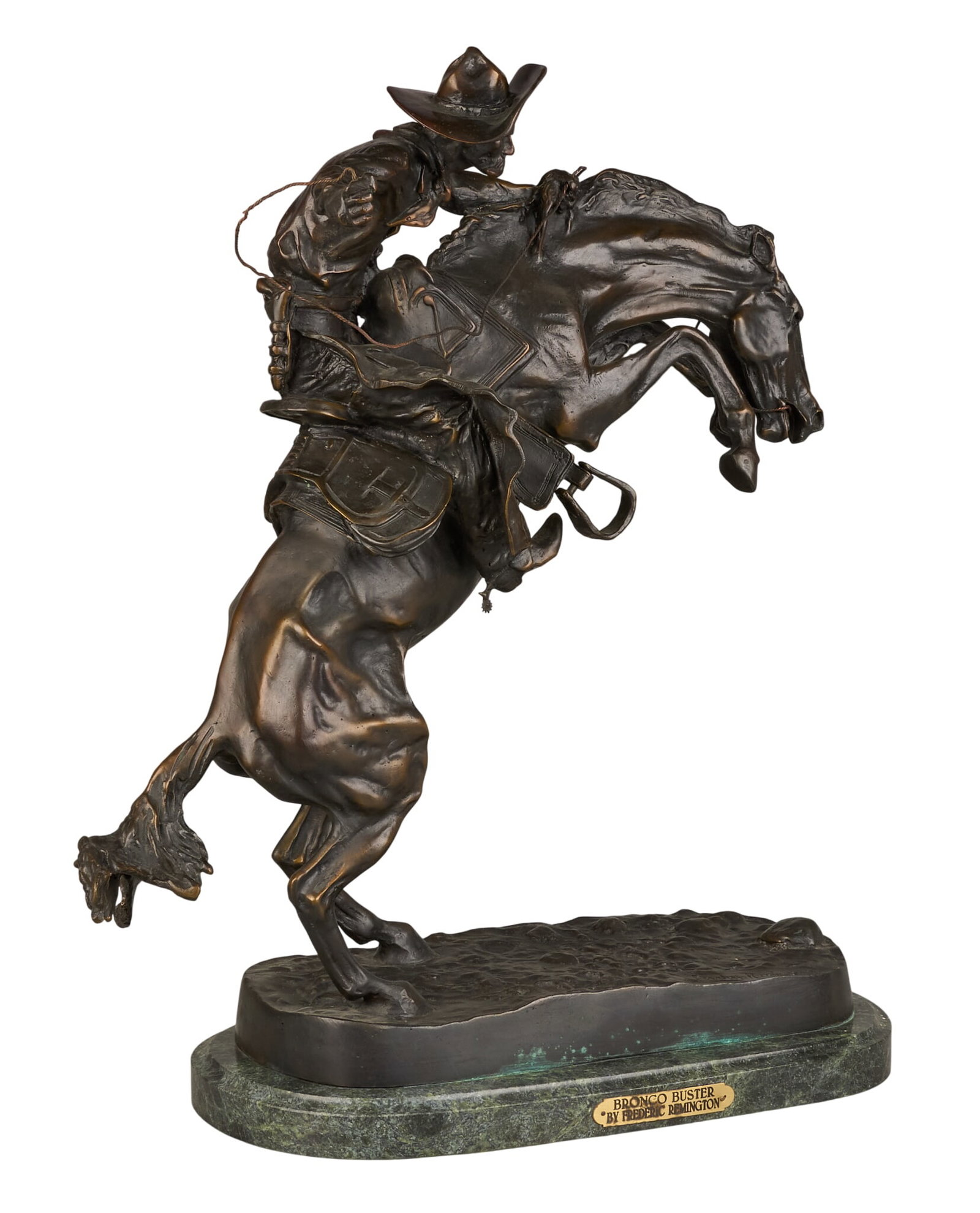 After Frederic Remington, "Bronco Buster": After Frederic Remington (Amer., 1861-1909), "Bronco Buster", bronze recast sculpture on green stone base height 23 in. x width 20 in. x depth 10 in. (including base) Provenance: