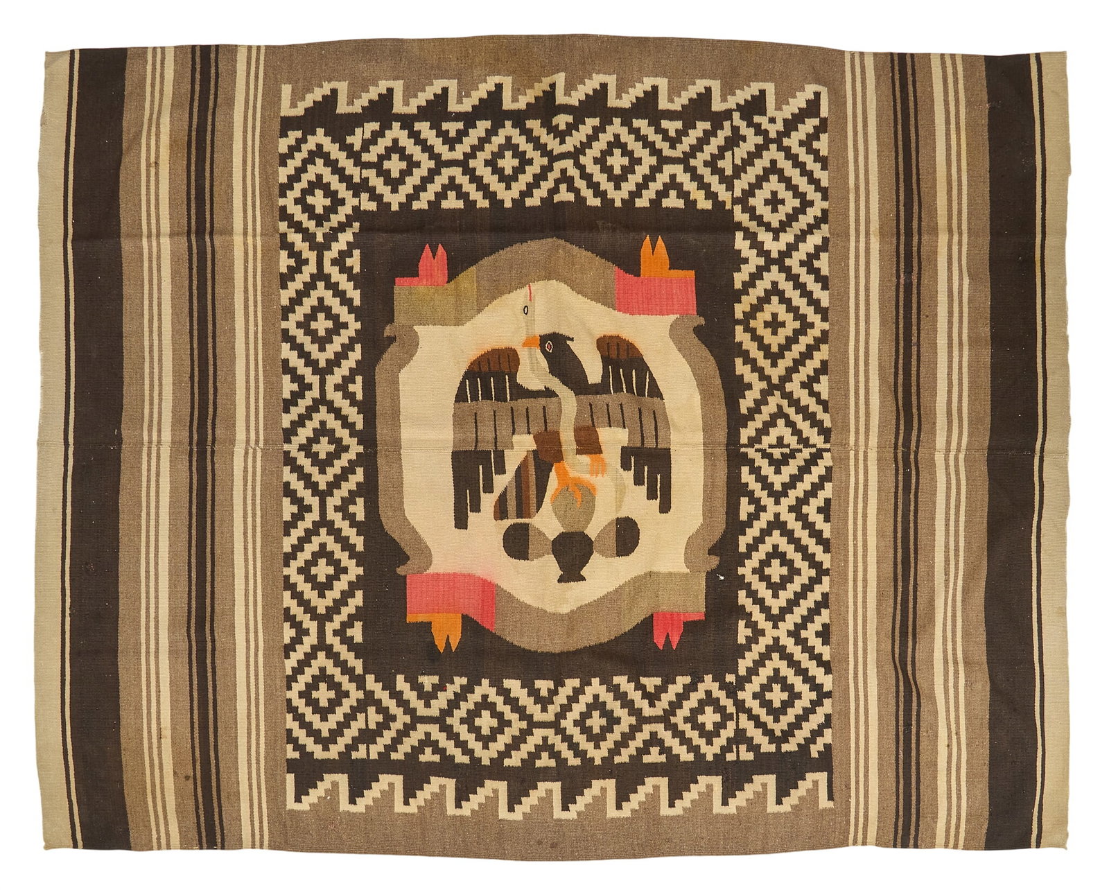 Large Handwoven Southwestern Textile: Large handwoven Southwestern textile with central Mexican flag motif 6 ft.10 in. x 5 ft. 4 in. Provenance: Property from a home in San Antonio, Texas 