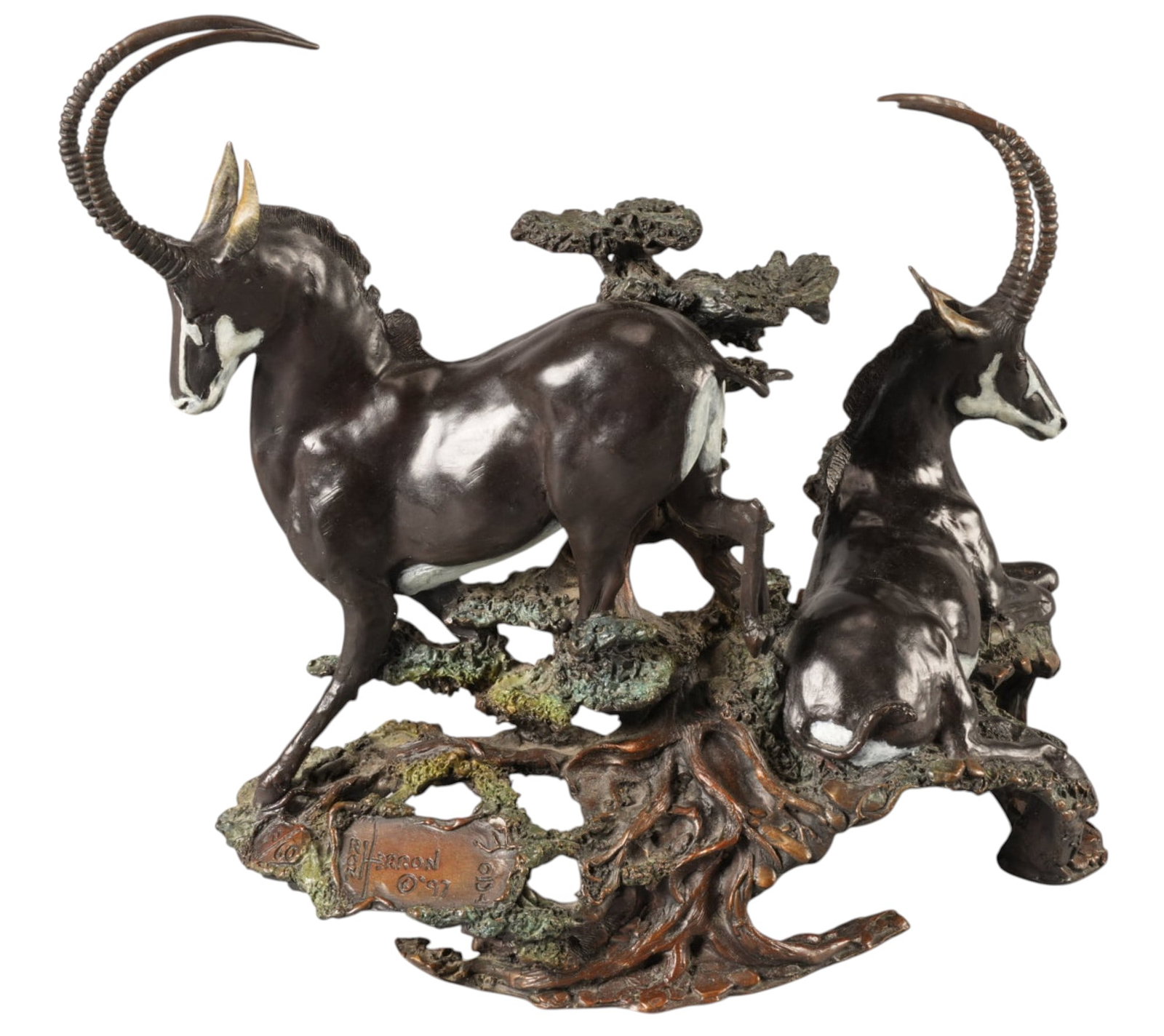 Ron Herron, "Sable Antelope": Ron Herron (Montana, 1943-2020), "Sable Antelope", artist-cast and cold painted bronze sculpture on wooden base, incised signature, edition number 20/60, and date, 1997 height 10.5 in.