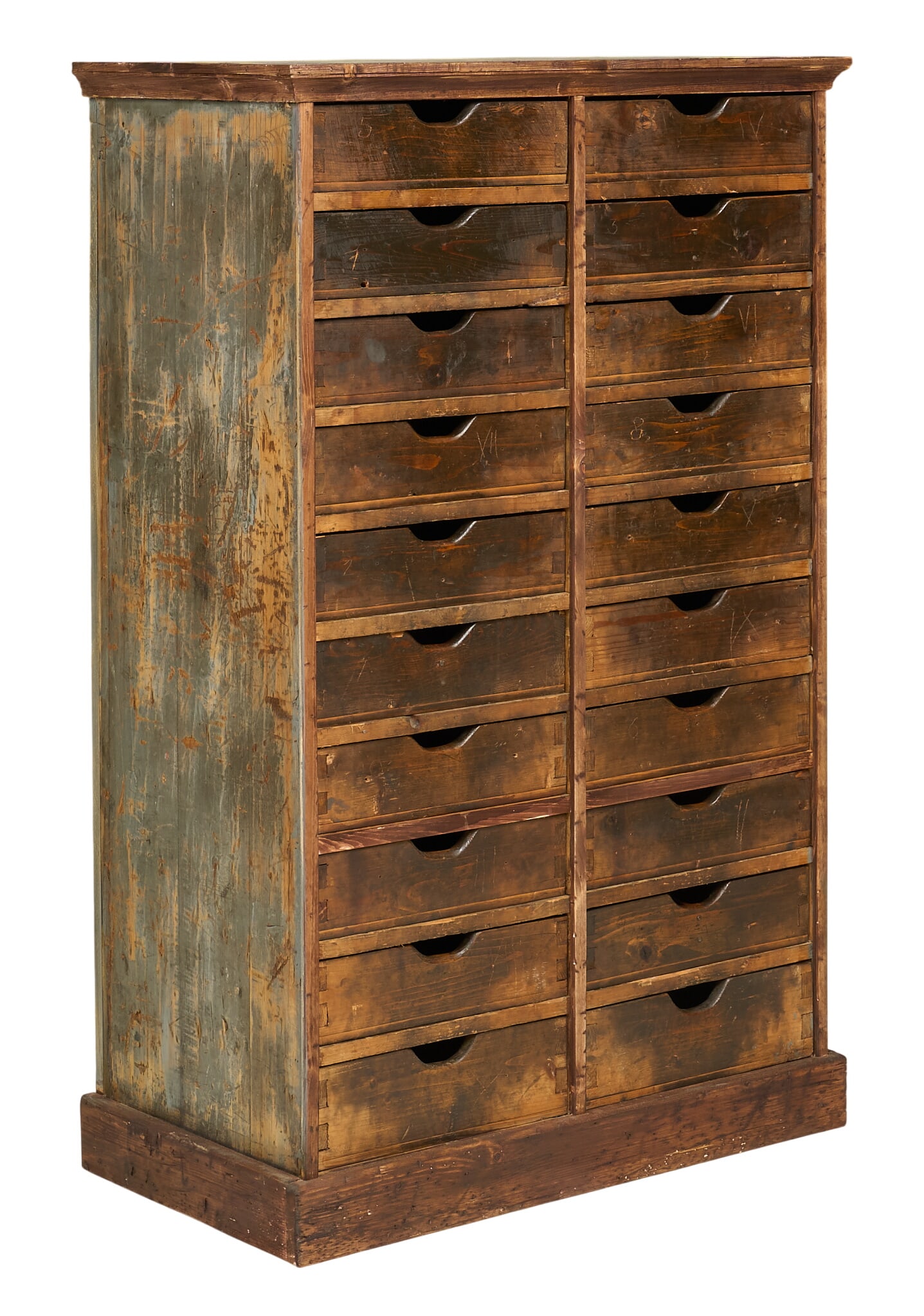 Rustic Bank of Drawers: Rustic bank of twenty-four drawers, arranged in two columns, each with integrated pulls, distressed finish height 53 in. x width 34 in. x depth 18 in.