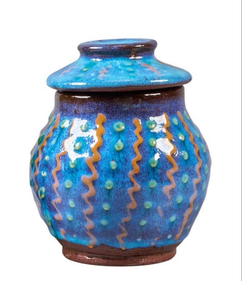 Harding Black, Patterned Jar, 1993: Harding Black (San Antonio, Texas, 1912-2004), squiggle dot patterned jar with lid, glazed ceramic, incised signature and date on the underside, 1993 height 7 in. x 5 in. diameter Provenance: