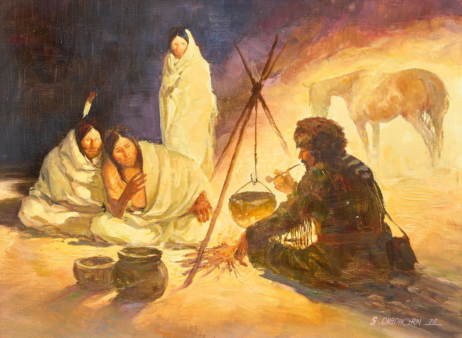 Shep Chadhorn, Men at Campfire: Shep Chadhorn (Colorado, b. 20th C.), men seated around campfire, oil on panel, signed and dated lower right, 1975, with Country Store Gallery (Austin, Texas; now-closed) label on the verso sight: 14
