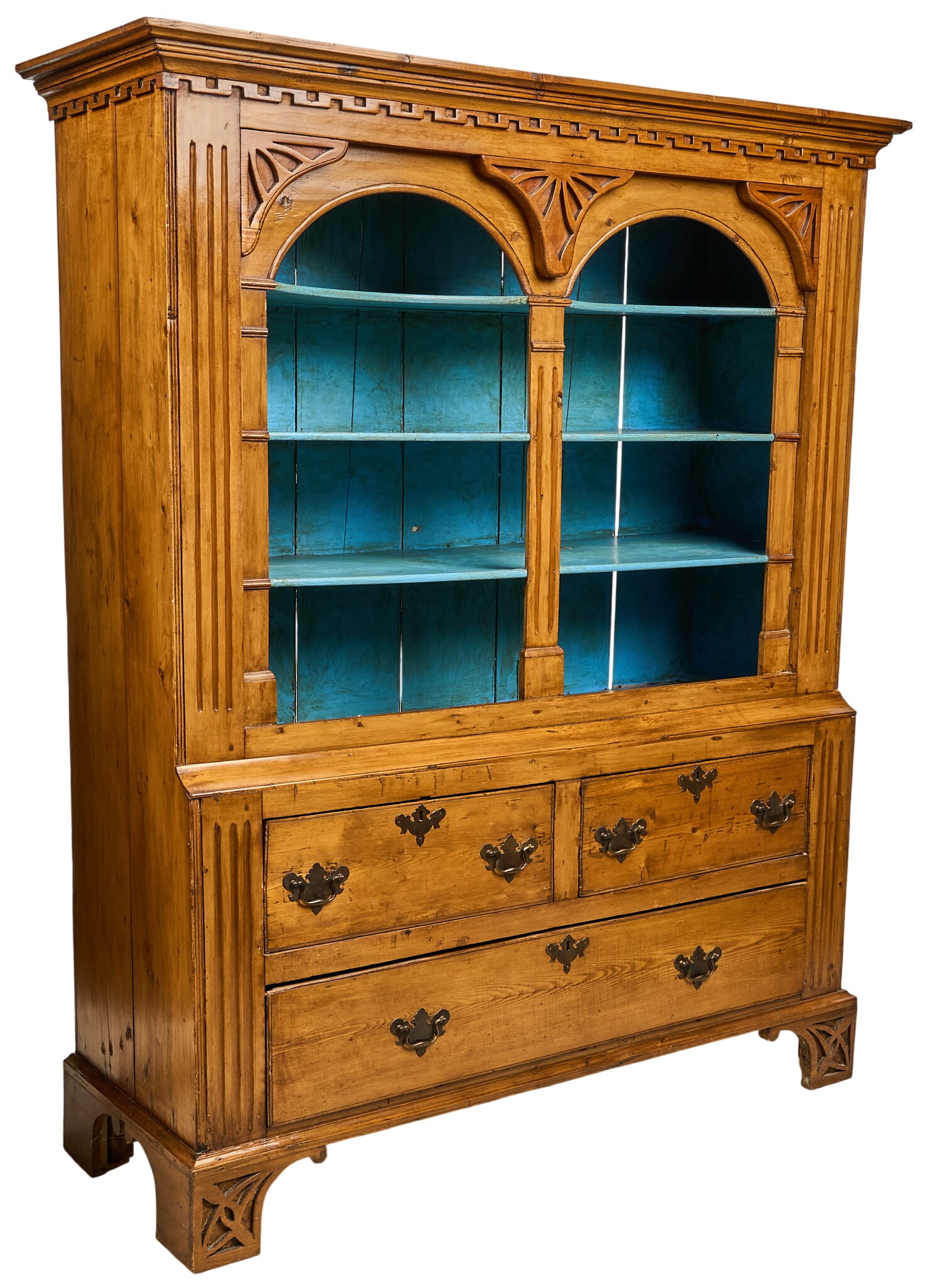 Farmhouse Style Display Cabinet: Farmhouse style display cabinet with painted open shelves above drawer storage height 70.5 x width 58 in. x depth 20 in. Provenance: Property from a home in San Antonio, Texas 