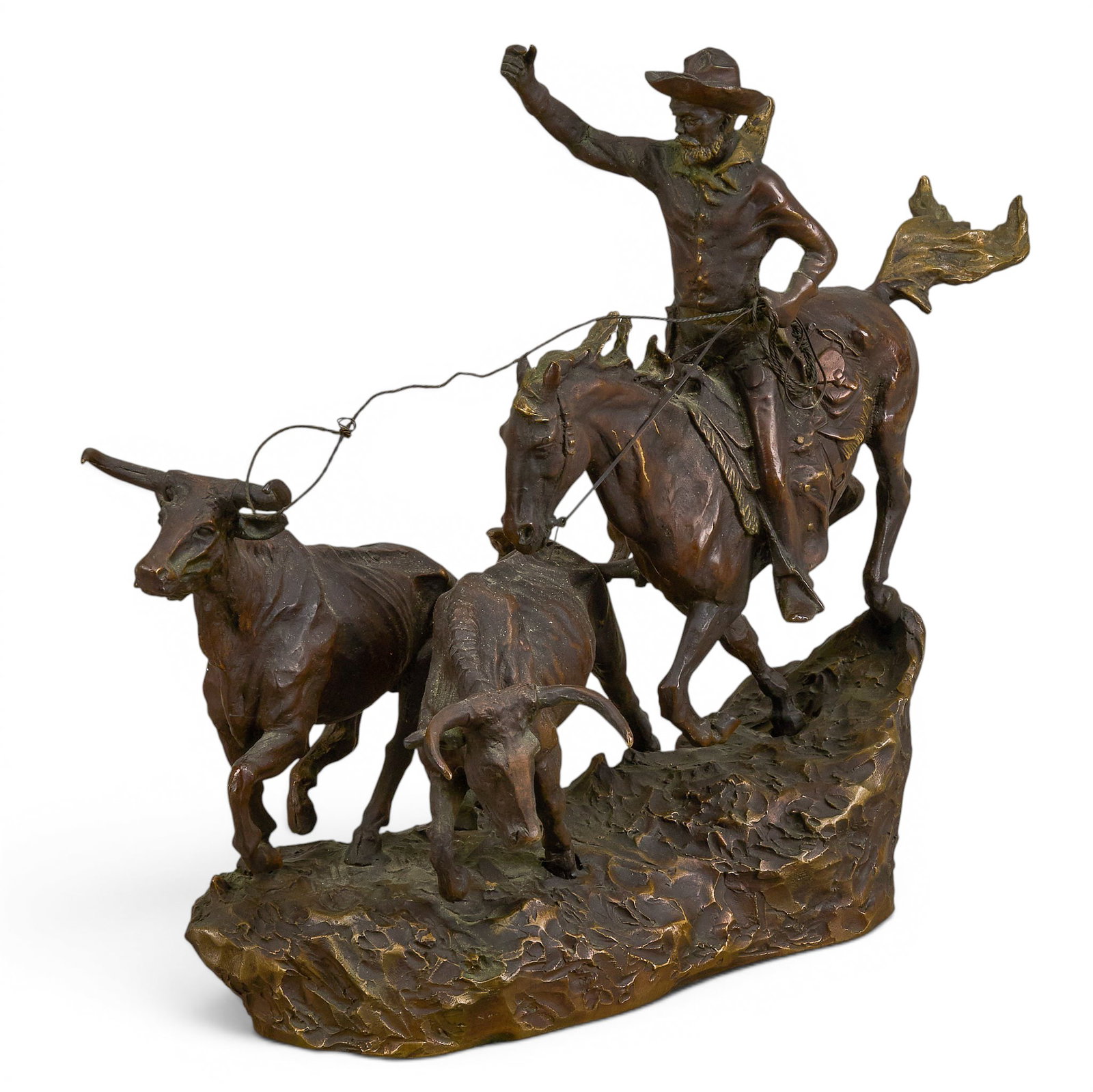 After C. M. Russell, "Roundup": After Charles Marion Russell (Amer., 1864-1926), "Roundup", bronze sculpture, freestanding height 12.5 in. x width 14.5 in. x depth 7.5 in. (including base) Provenance: Property from a home