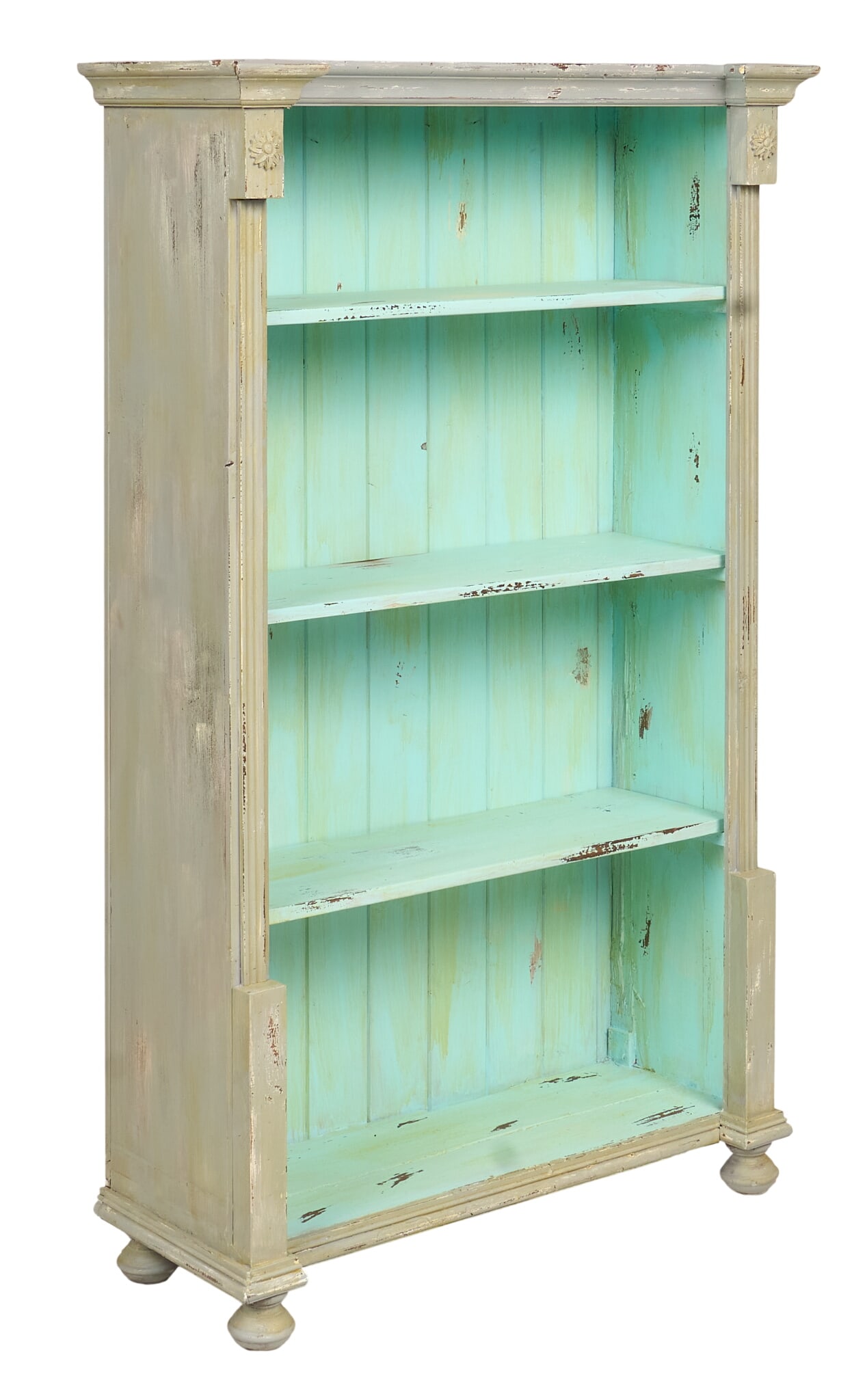 Painted Farmhouse Bookcase: Painted two-tone wooden bookcase with three adjustable shelves height 66 in. x width 40.5 in. x depth 16 in.