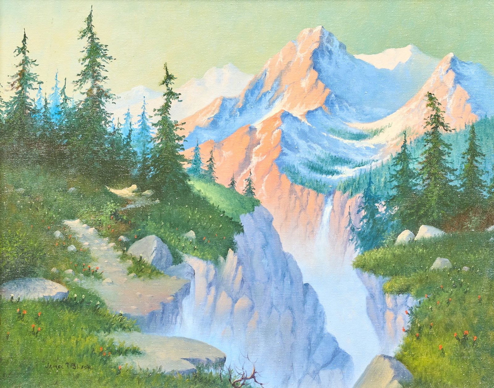James P. Black, Mountain Landscape: James P. Black (Amer., 1945-2017), Western mountain landscape, oil on canvas, signed lower left sight: 16 x 20 in., frame: 20.5 x 24.5 in. Provenance: Property from a home in Neosho, Missouri