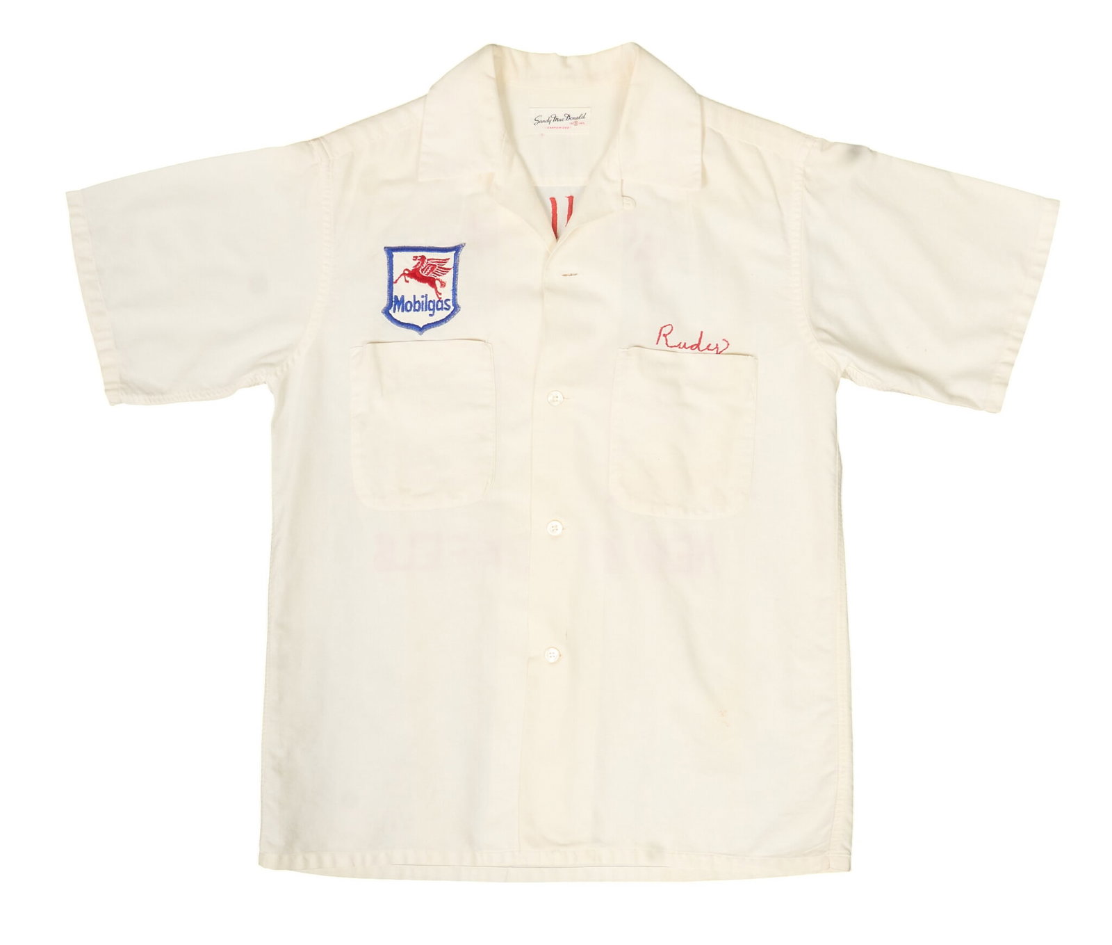 New Braunfels Mobilgas Shirt: New Braunfels, Texas Mobilgas shirt, embroidered Rudy", size 14 S length 28 in. Provenance: Property from a home in San Antonio, Texas