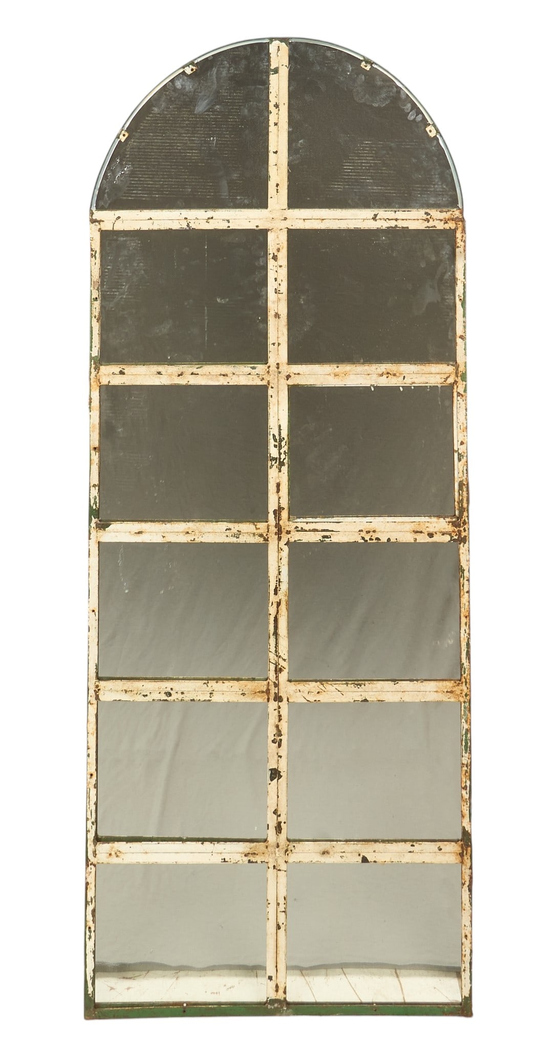 Vintage Full Length Mirror: Vintage arched full-length mirror, sectioned mirrored panels, distressed cream finish height 76 in. x width 30 in. x depth 1 in. 