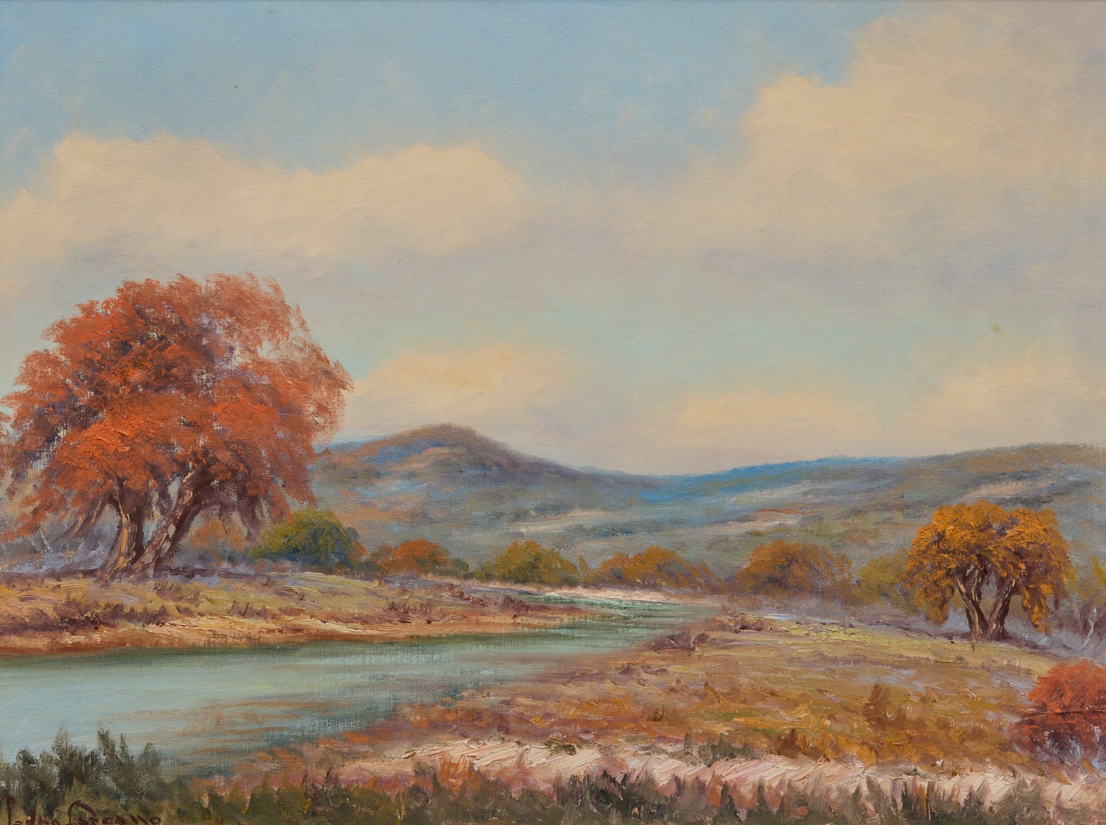 Pedro Lazcano, River Landscape: Pedro Lazcano (Mexico / Texas, 1909-1970), Texas landscape with tree and riverbend, oil on canvas, signed lower left sight: 18 x 24 in., frame: 22 x 28 in. Provenance: Property from a home in Houston,