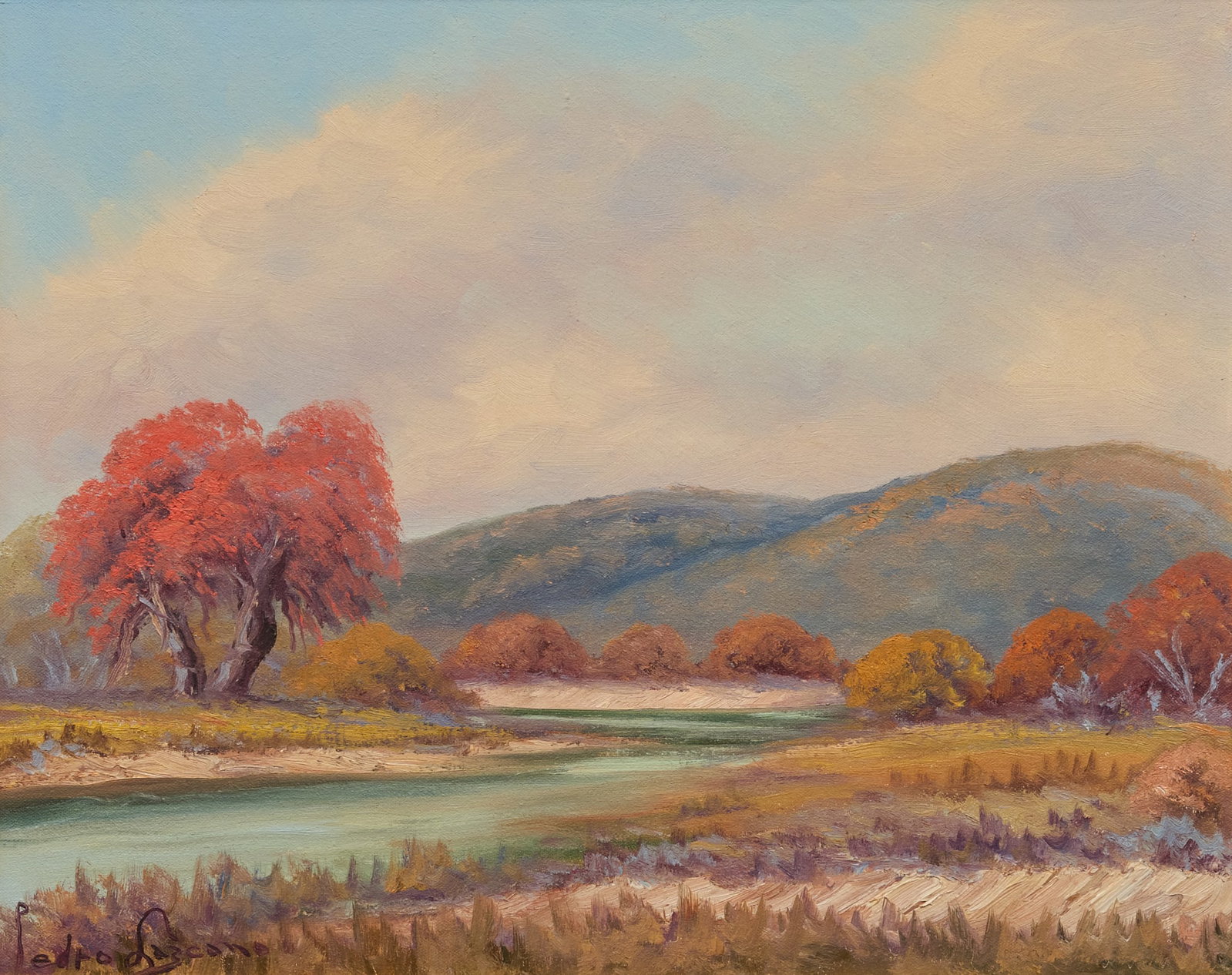 Pedro Lazcano, Hill Country Landscape: Pedro Lazcano (Mexico / Texas, 1909-1970), Hill Country landscape with river and red trees, oil on canvas, signed lower left sight: 16 x 20 in., frame: 20 x 24 in. Provenance: Property from a home in