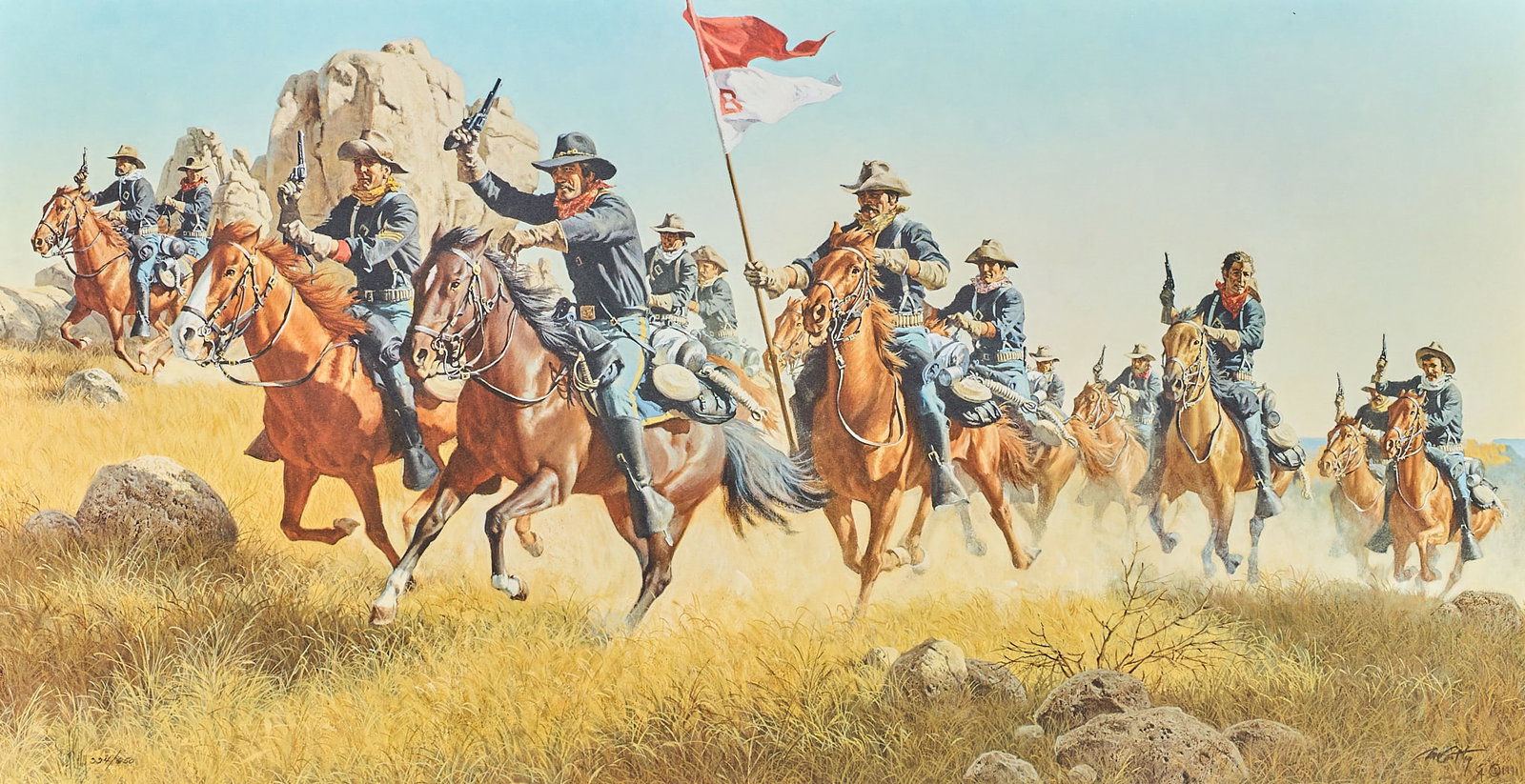 Frank McCarthy, "The Pursuit": Frank McCarthy (New York / Arizona, 1924-2002), "The Pursuit", signed and numbered lithograph, ed. 224/650 image: 17 x 31 in., frame: 28 x 42 in. Provenance: Property from a Wimberley,