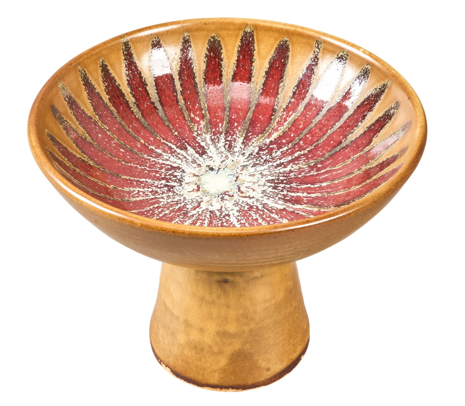 Harding Black, Compote, 1985: Harding Black (San Antonio, Texas, 1912-2004), caramel and oxblood drip motif compote, glazed and fired ceramic, incised signature and date on the underside, 1985 height 5 in. x diameter 7 in.