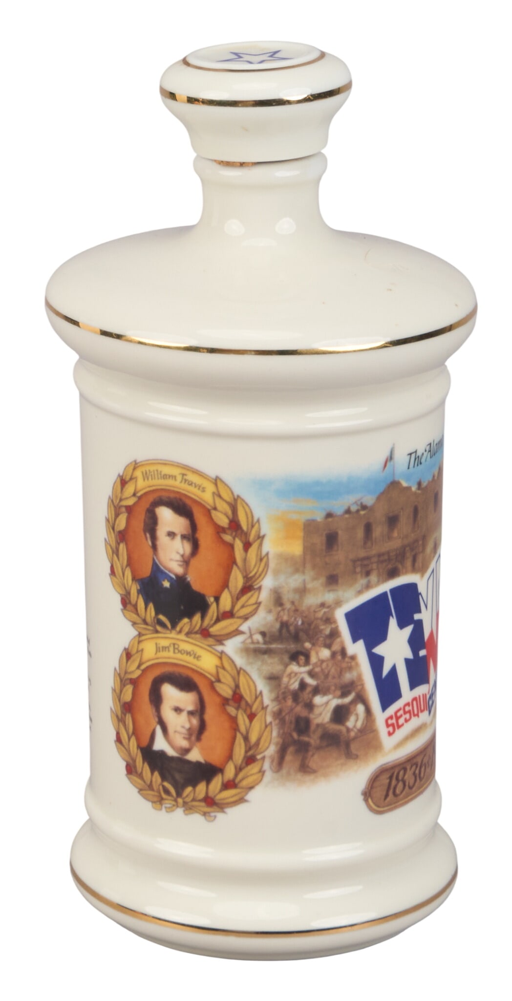 Texas Sesquicentennial Decanter: Texas Sesquicentennial (1986) commemorative decanter with Alamo imagery height 9 in. x width 4 in. x depth 4 in. Provenance: Property from a home in San Antonio, Texas 
