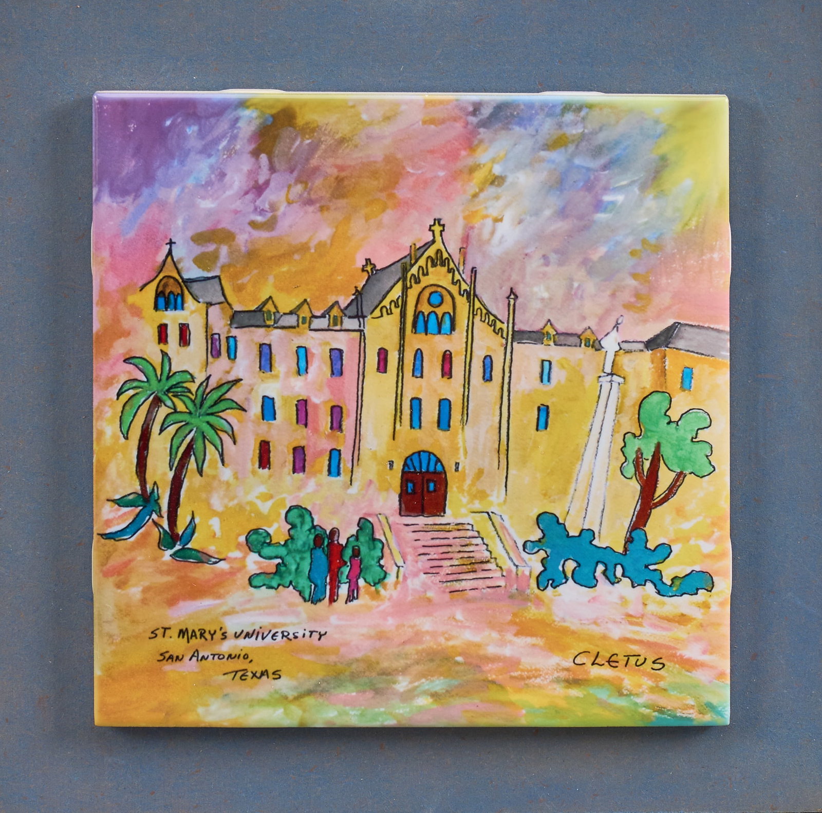 Brother Cletus Behlmann, St. Mary's Univ. Tile: Brother Cletus Behlmann (San Antonio, Texas, 1933-2016), view of St. Mary's University, transferred image on ceramic tile, mounted to pressed wood, with accompanying metal