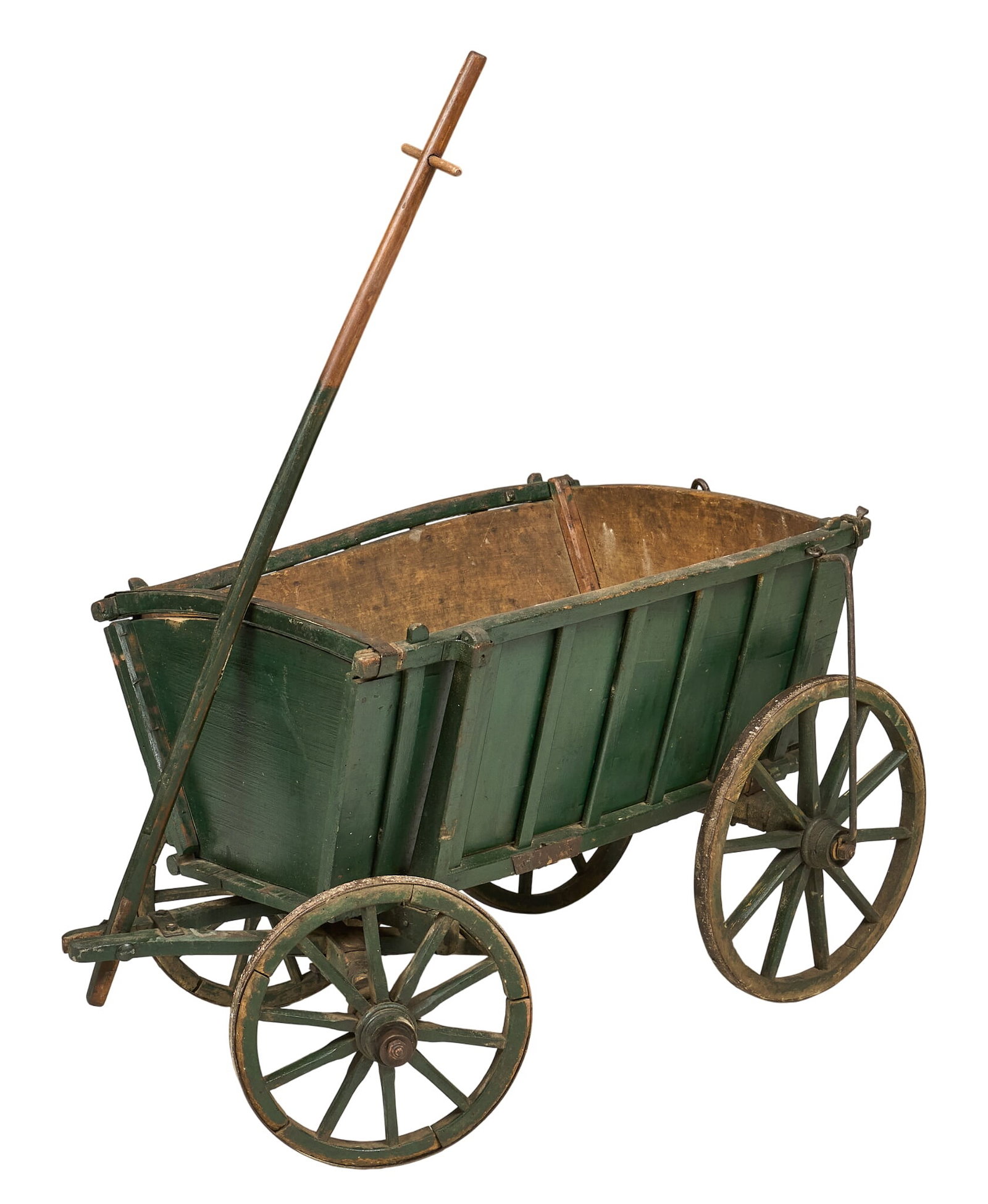 Primitive Farm Wagon: Vintage farm wagon, wooden construction with four iron spoked wheels, with steering handle height 26 in. x width 95 in. x depth 23.5 in.